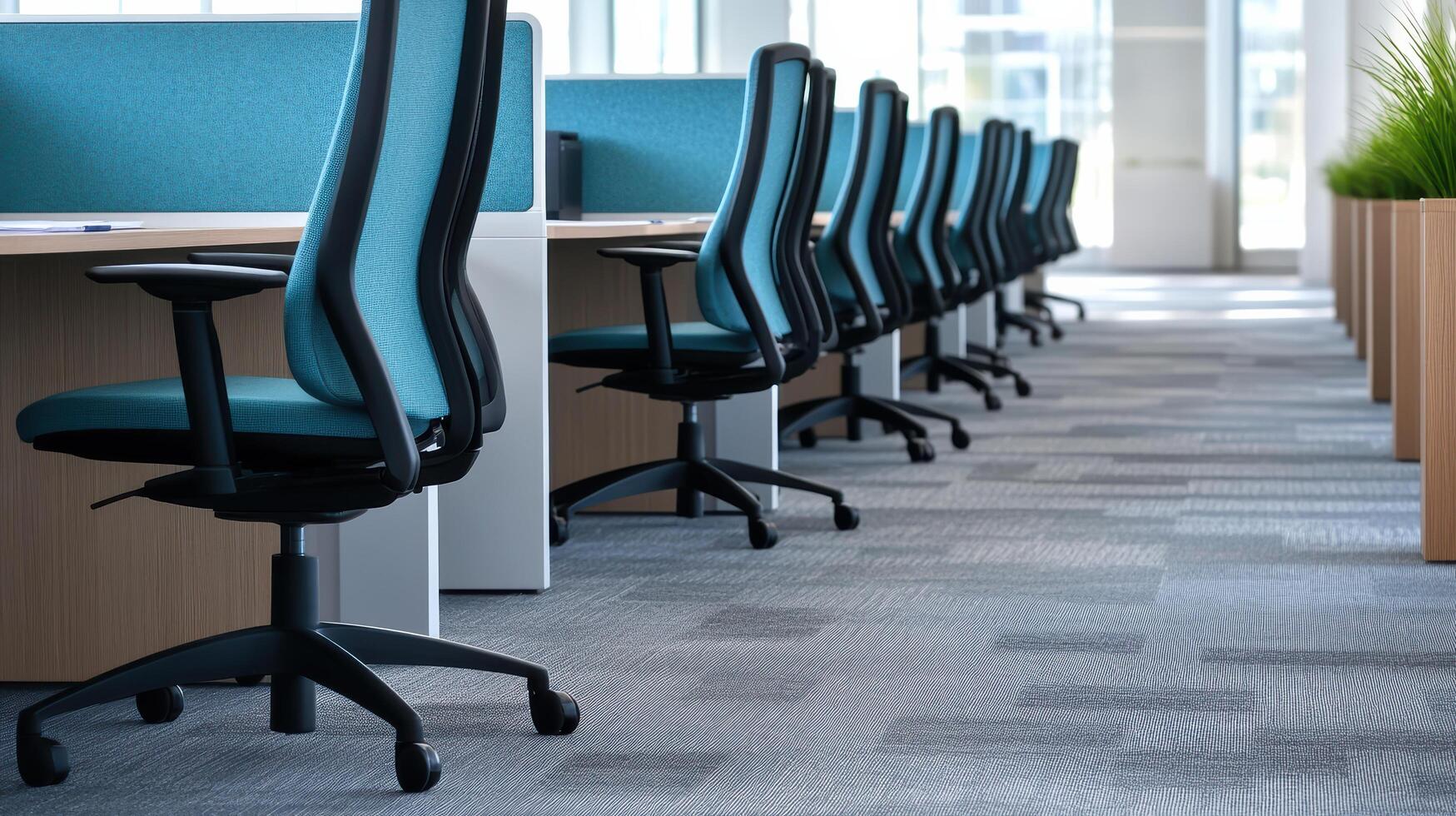 Empty office cubicles with ergonomic chairs and modern design create serene workspace photo