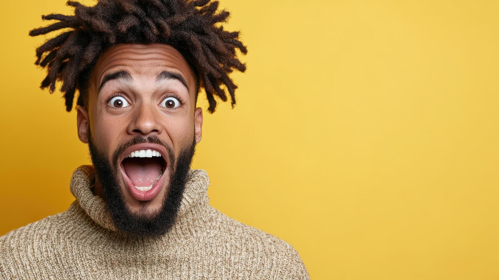 Excited man with curly hair expressing joy against yellow background photo
