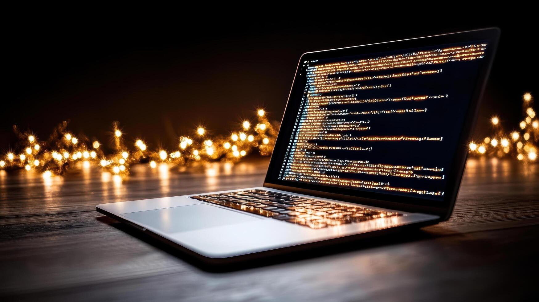 minimalist workspace featuring laptop with glowing code photo