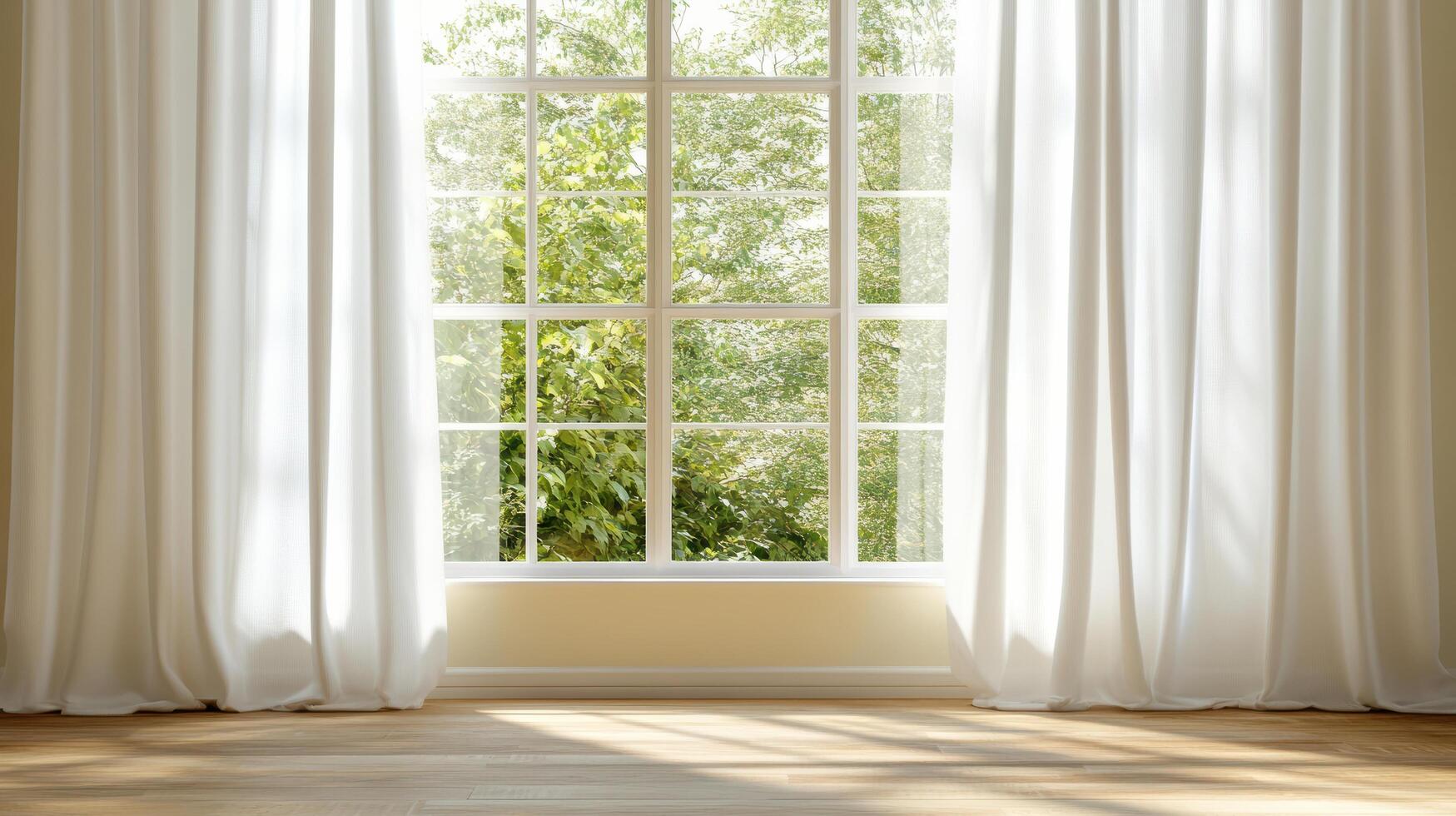 Bright window with sheer curtains and greenery outside, creating serene atmosphere photo