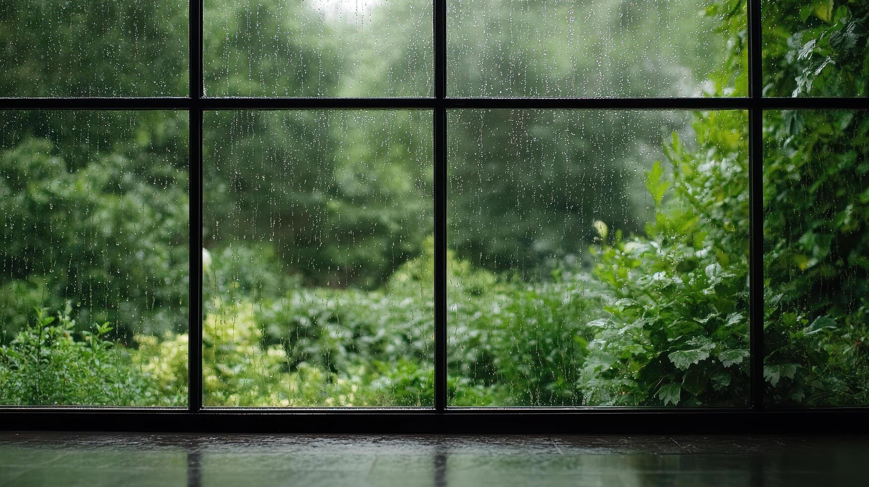 peaceful afternoon with raindrops rolling down window, showcasing lush greenery outside photo
