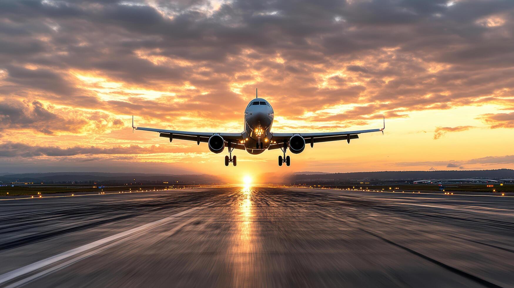 plane taking off in early morning light, creating stunning silhouette photo