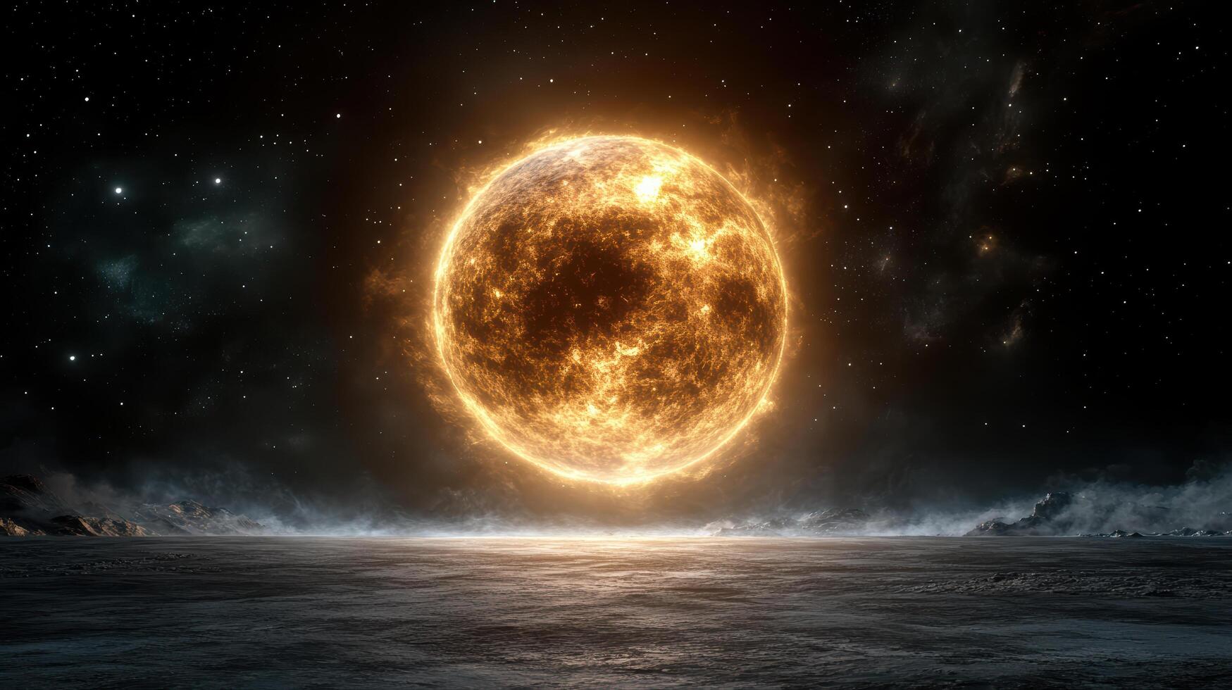 glowing sun illuminates dark, starry sky over barren landscape photo