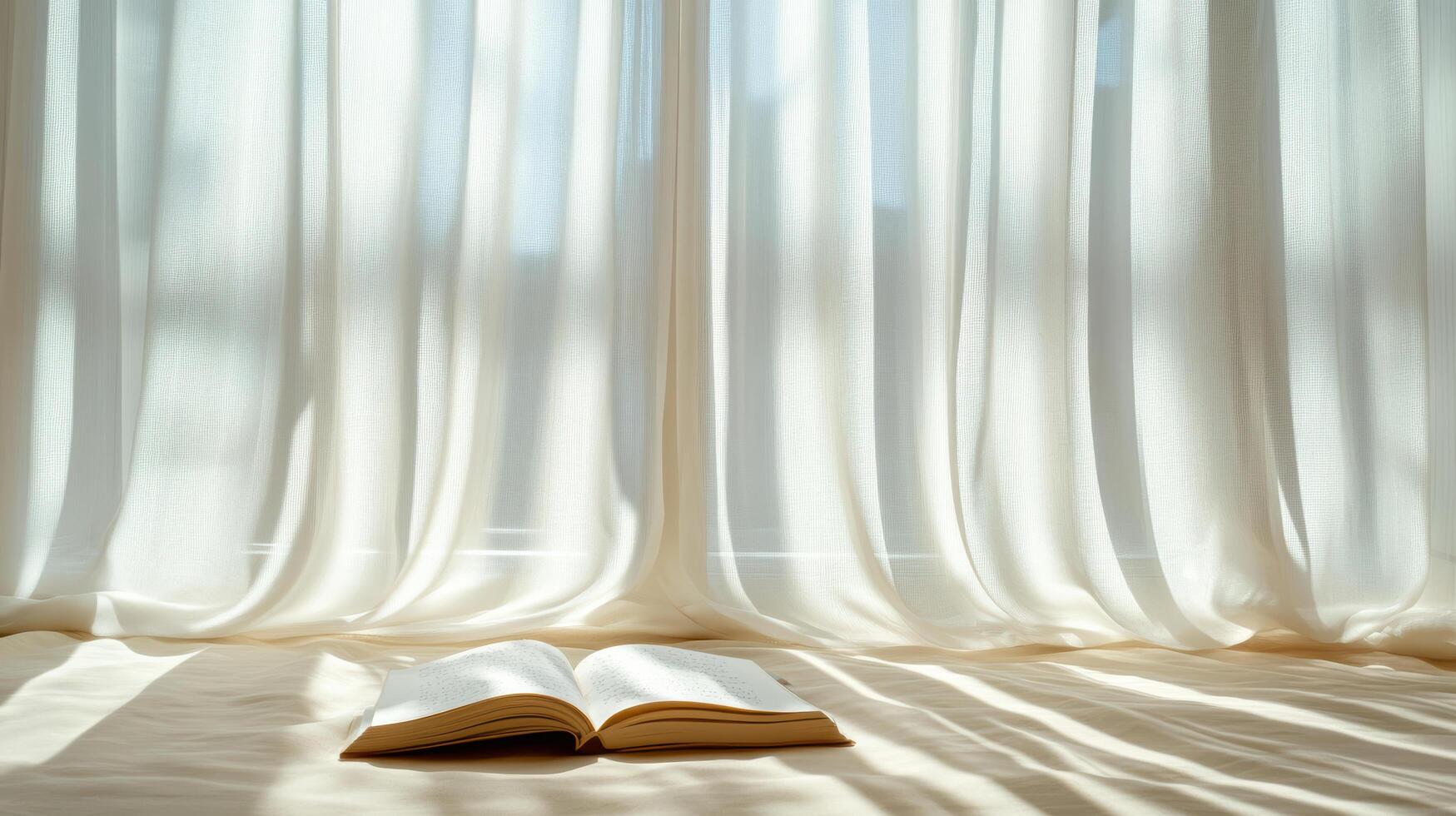 serene scene featuring open book on soft surface, illuminated by natural light photo