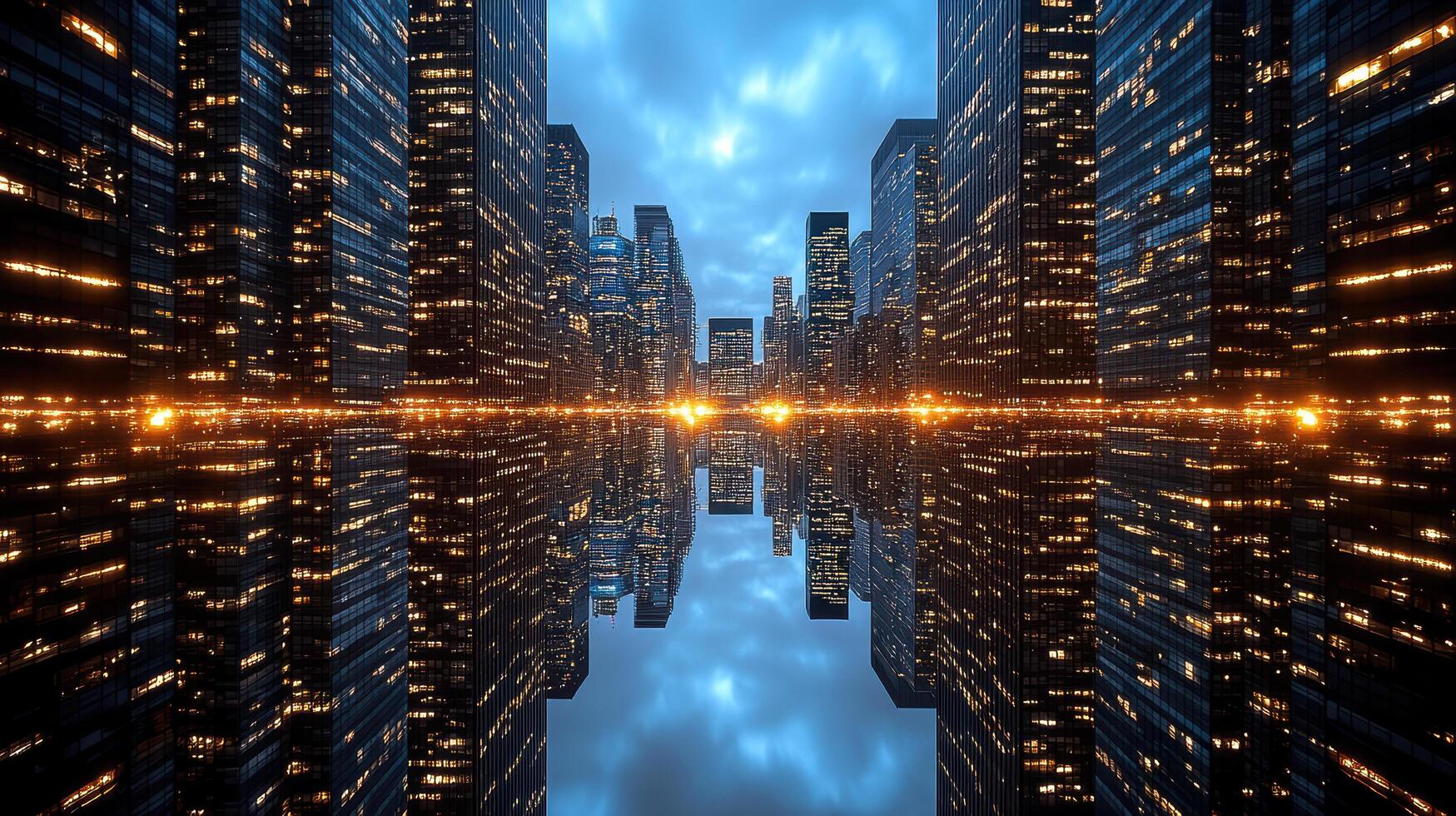 Stunning city skyline reflecting in water at twilight with glowing lights photo