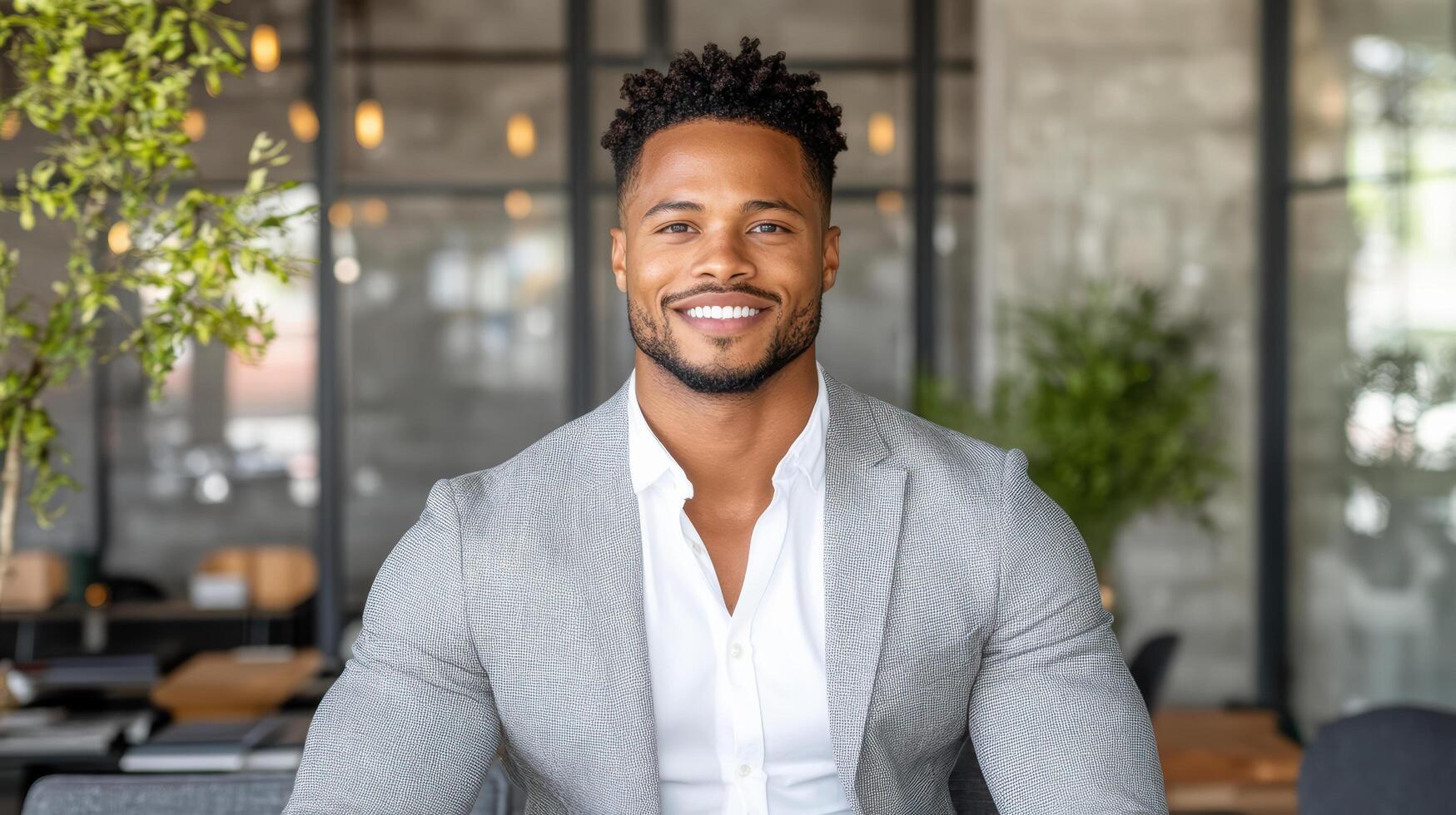 confident man in stylish suit smiles warmly in modern office setting photo