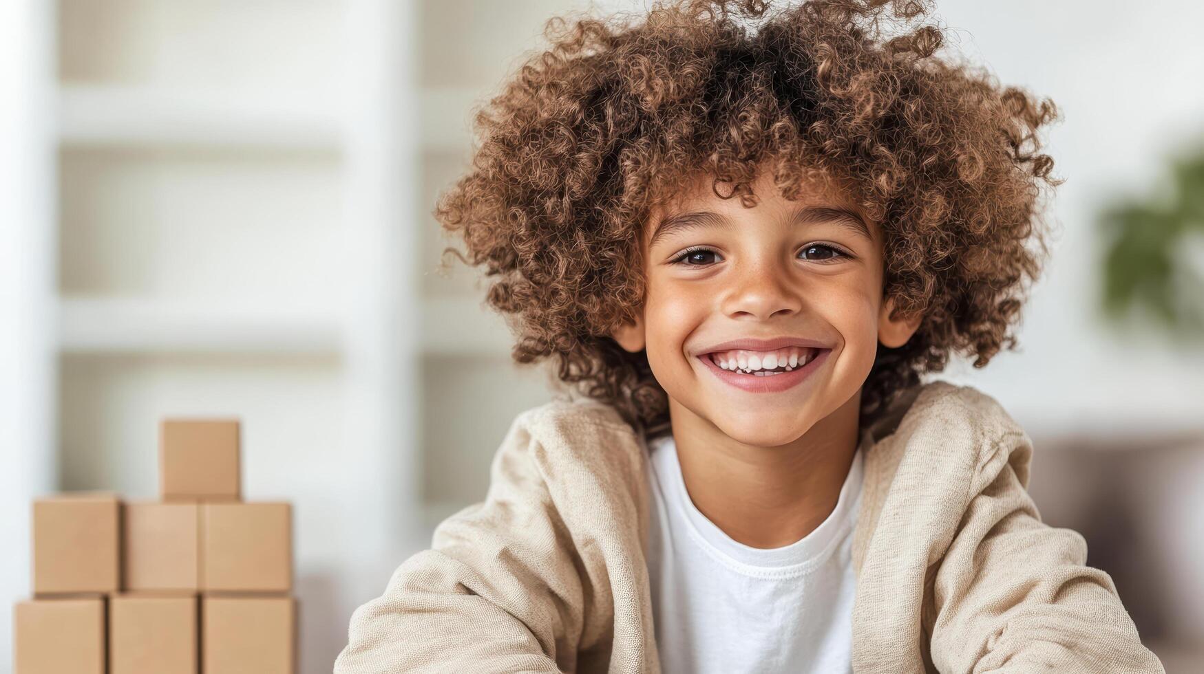 young child smiling joyfully while playing with building blocks photo