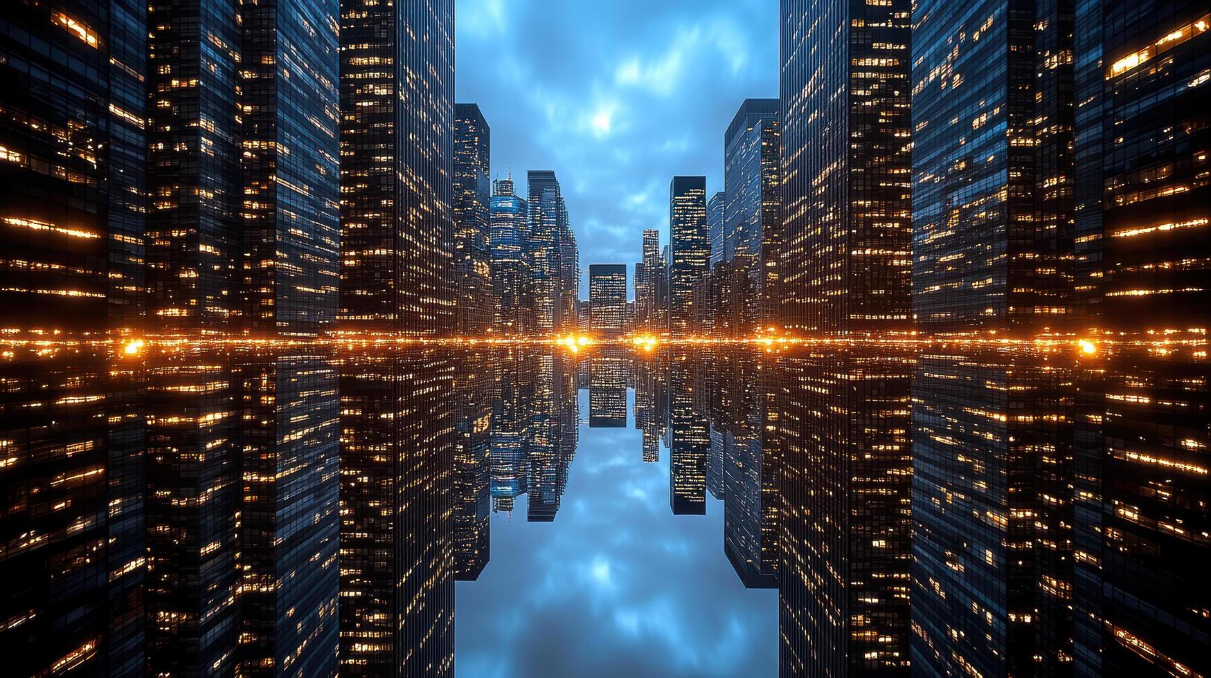 stunning city skyline reflecting in water, showcasing modern architecture and lights photo