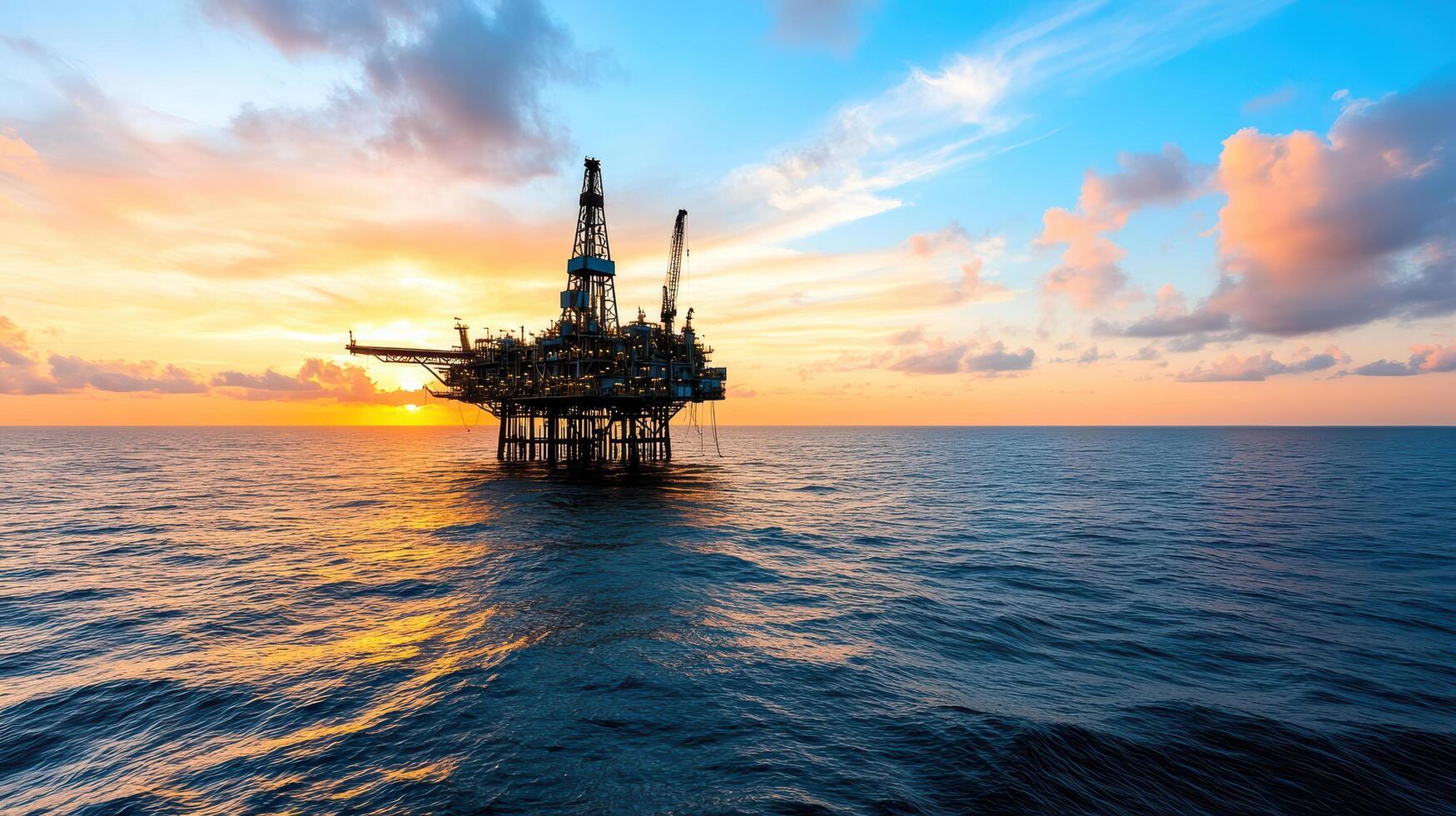 Oil drilling rig silhouetted against stunning sunset over ocean photo