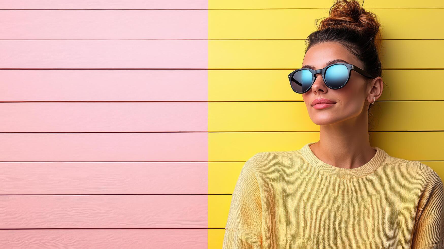 stylish woman wearing sunglasses poses against colorful background photo