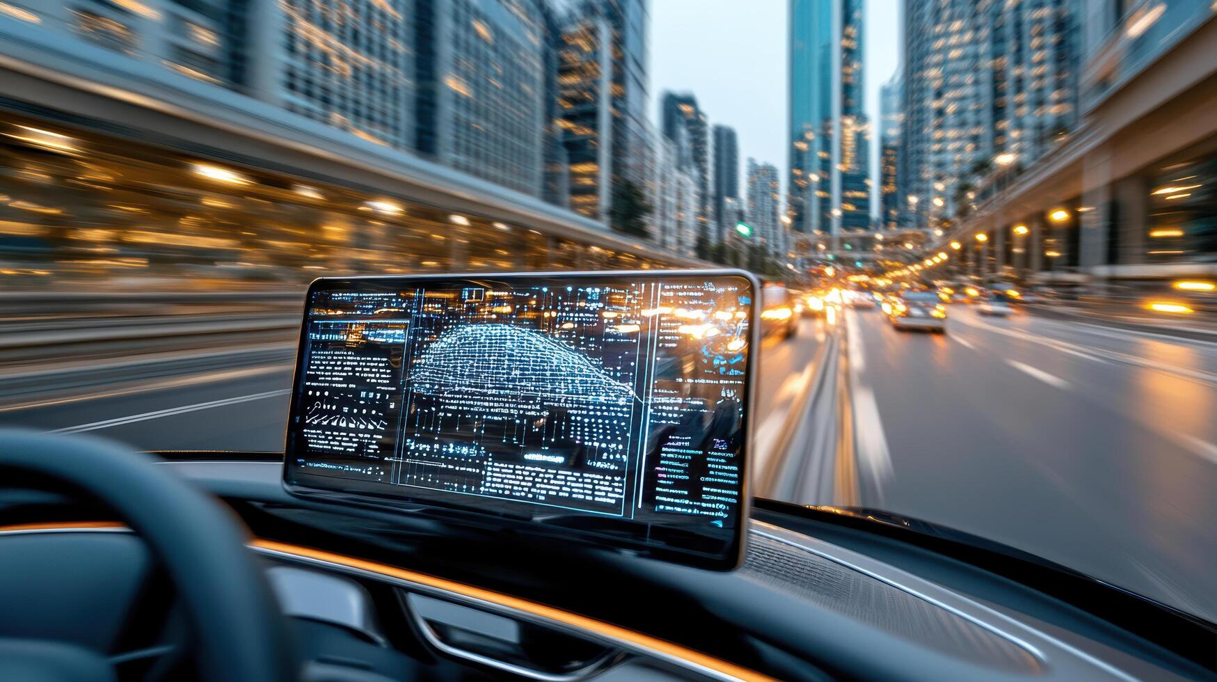 futuristic dashboard displaying data in cityscape at dusk photo