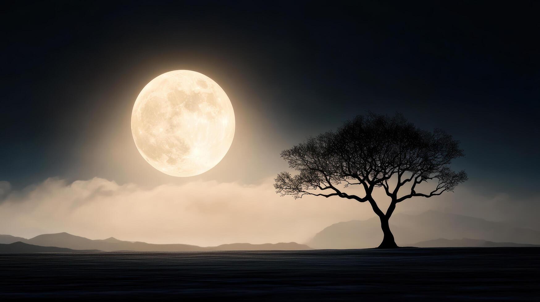 haunting silhouette of lone tree against full moon, creating serene atmosphere photo