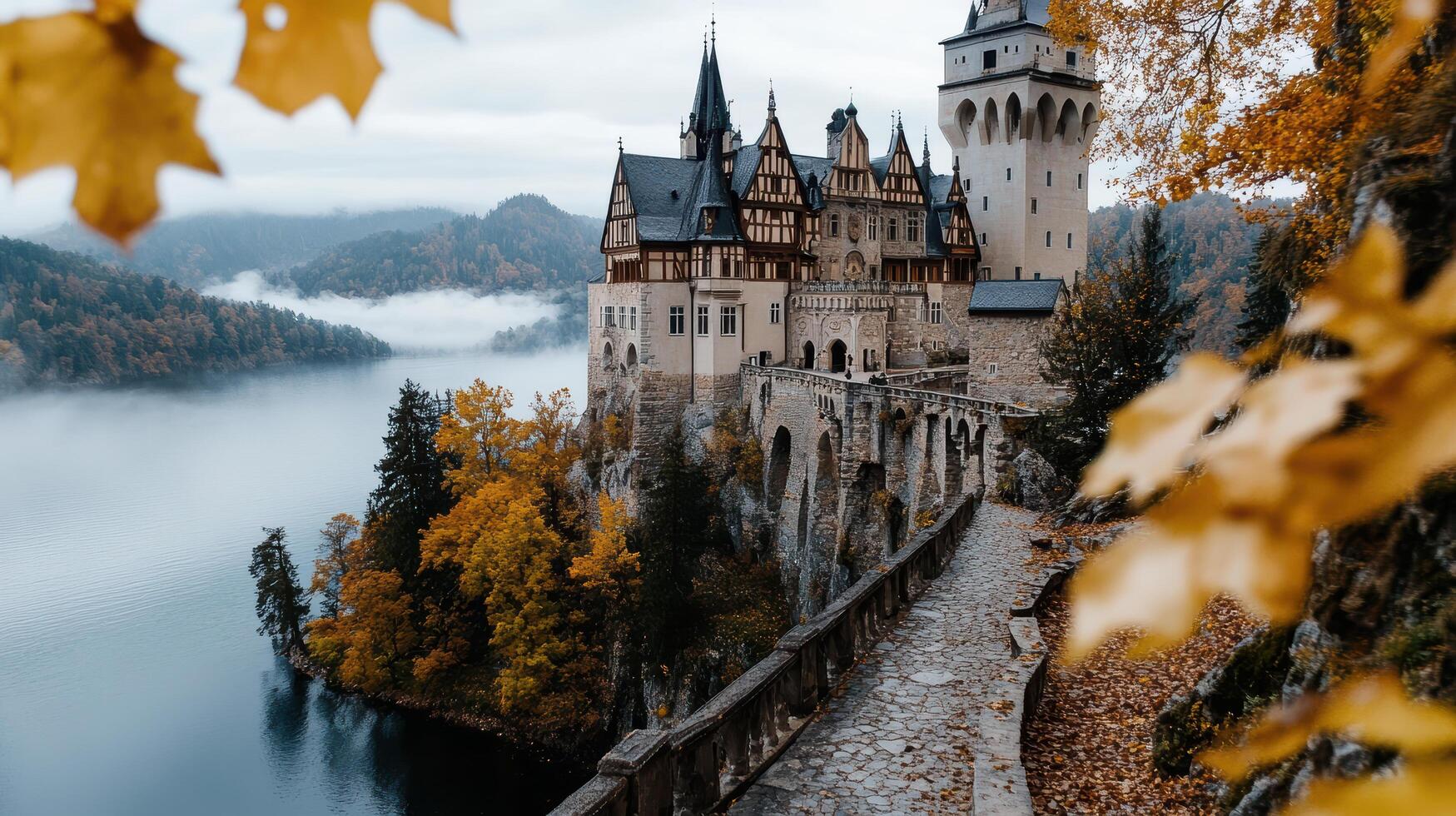 majestic old castle standing atop hill surrounded by autumn foliage photo