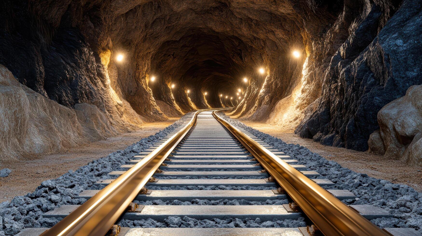deep underground mine with illuminated tracks and rocky walls photo