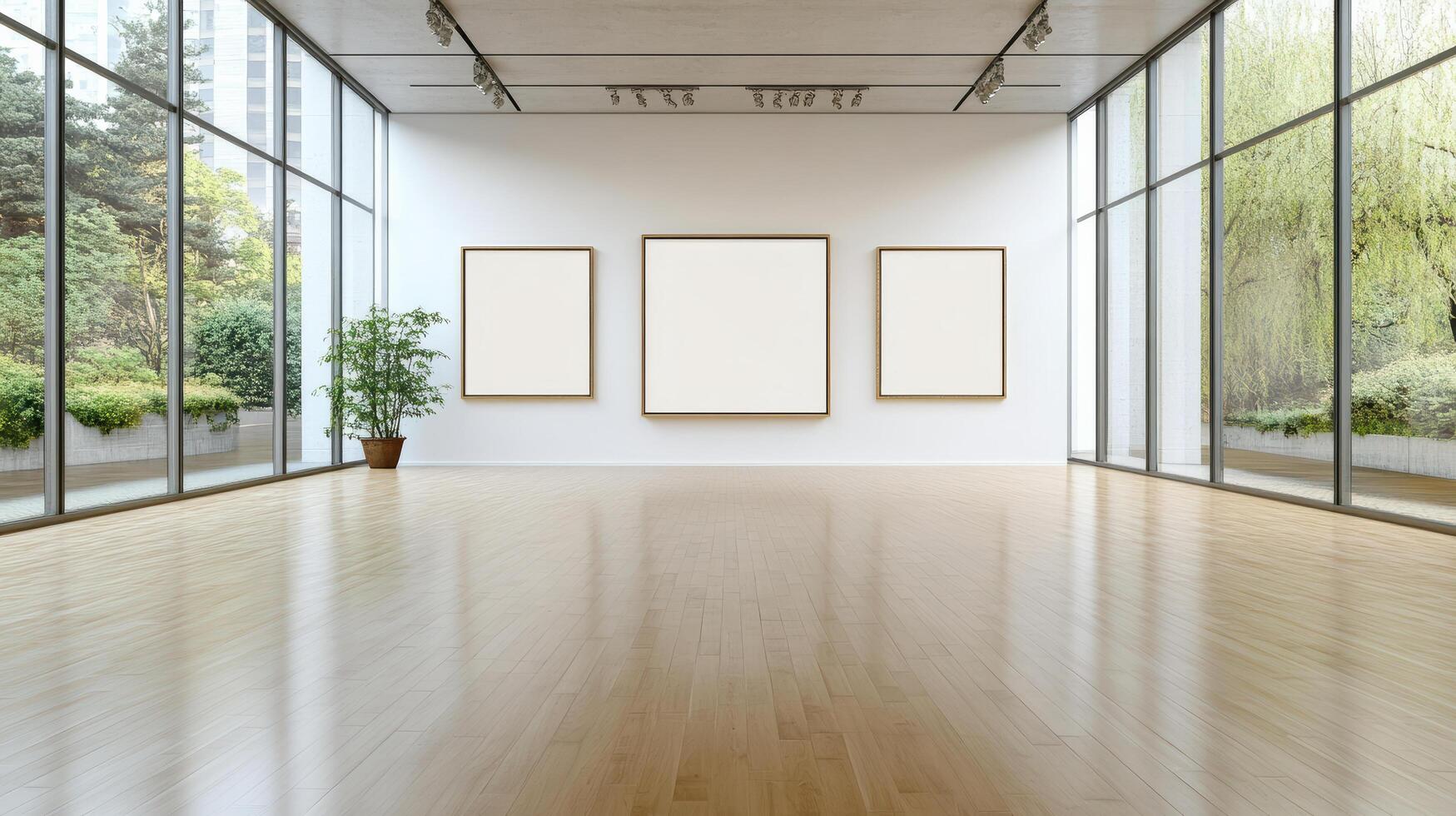 Empty gallery with soft lighting and blank frames on wall photo