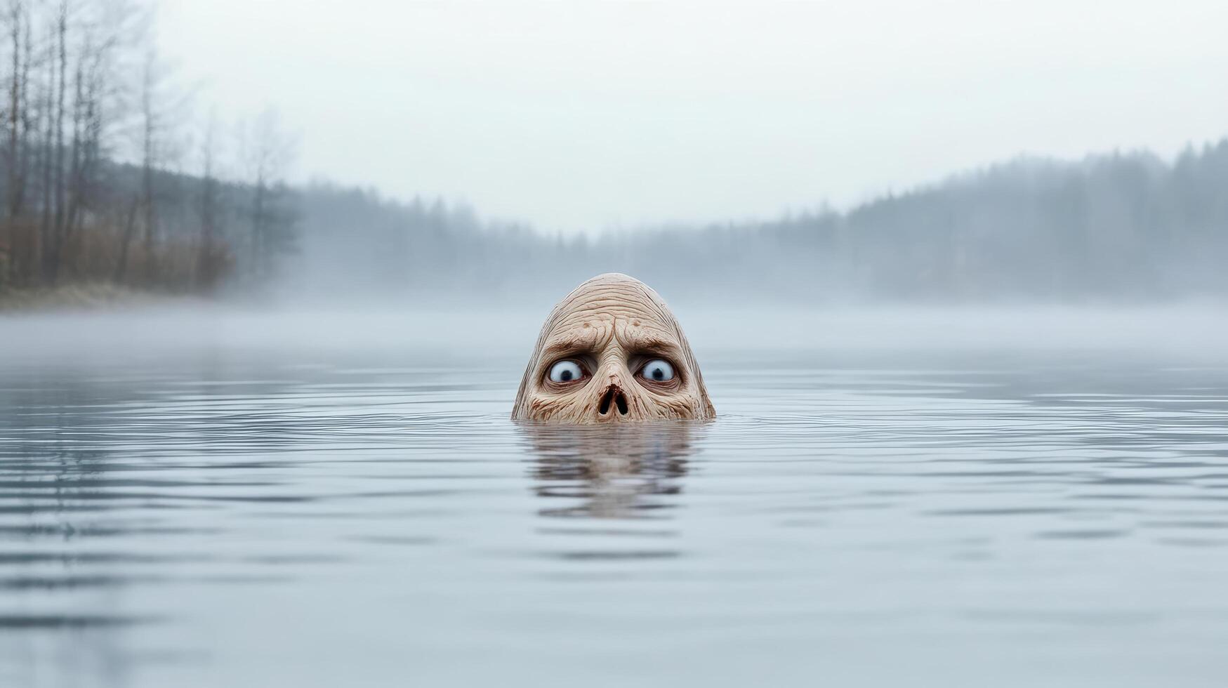 hollow eyed apparition emerges from foggy lake, creating eerie atmosphere photo