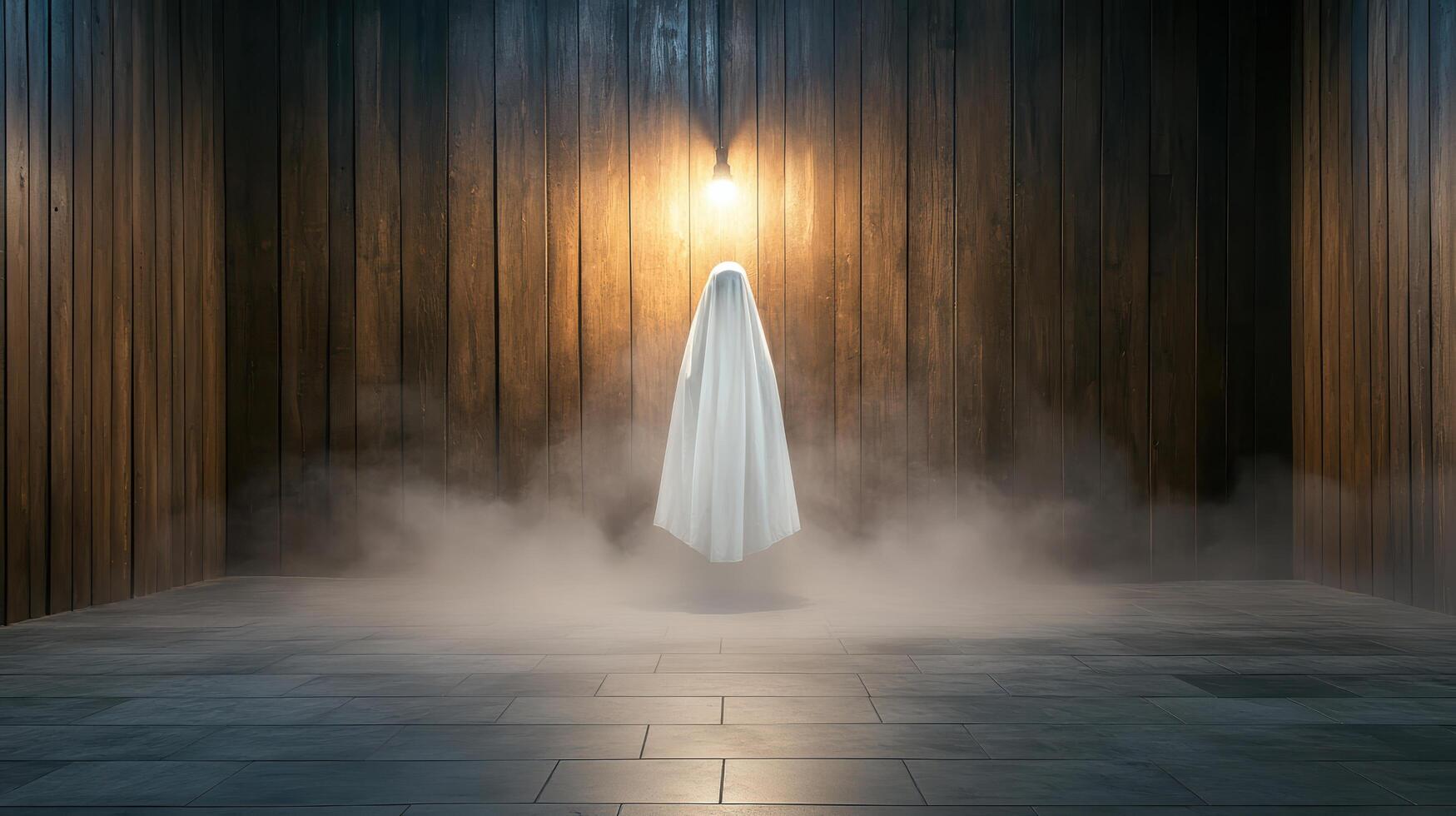 ghostly figure in white sheet stands in foggy, dimly lit room photo