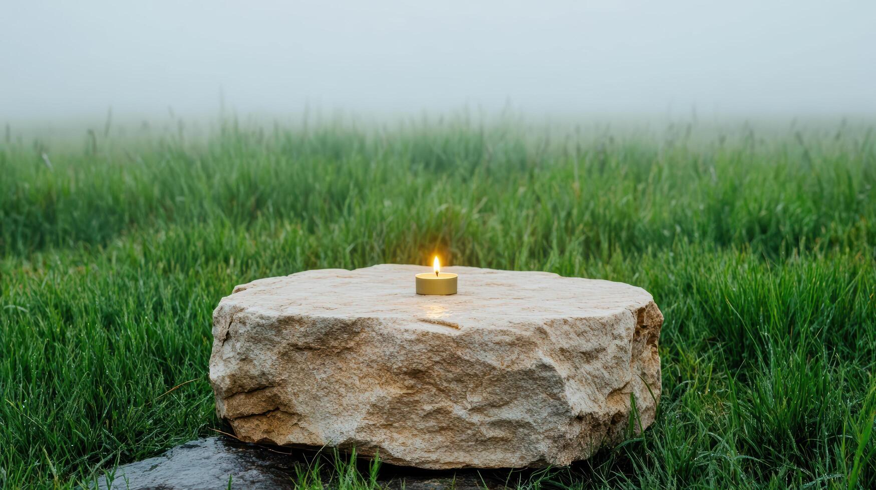 serene stone shrine with candle in foggy field, evoking tranquility photo