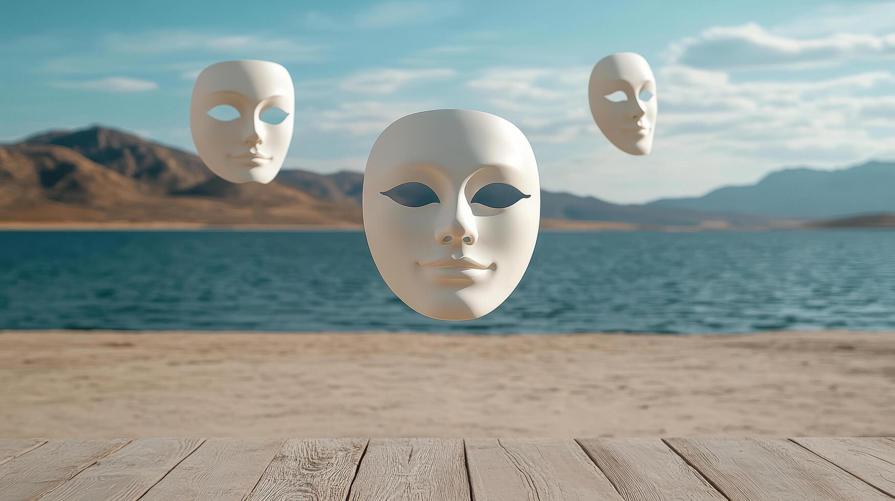 Surreal floating masks above serene lake with mountains in background photo