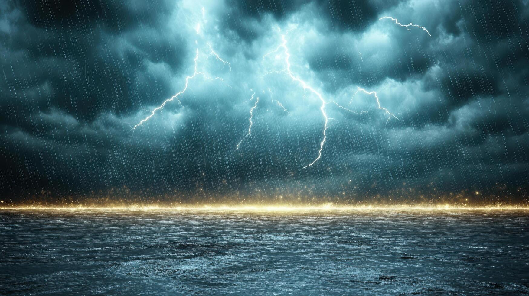 Dramatic thunderstorm with lightning and heavy rain over ocean photo