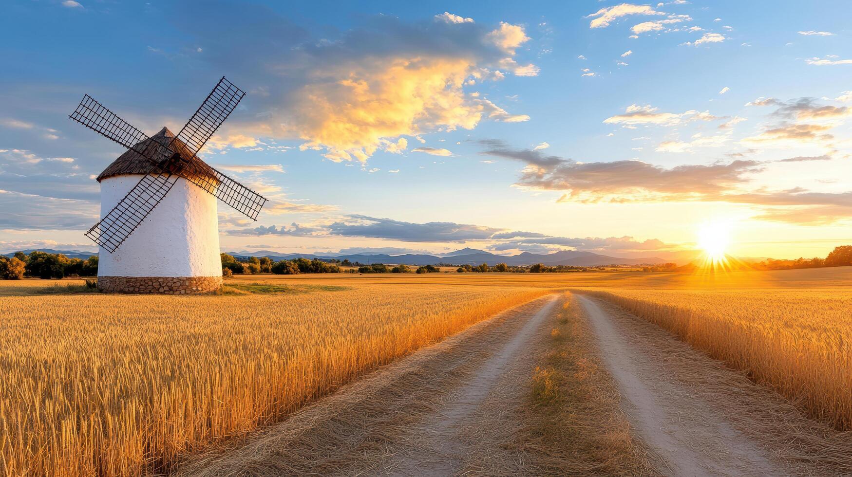 traditional windmill stands in vast countryside at sunset, creating serene atmosphere photo