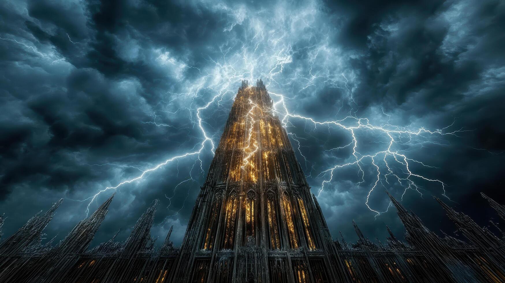 towering castle illuminated by lightning amidst dark storm clouds photo
