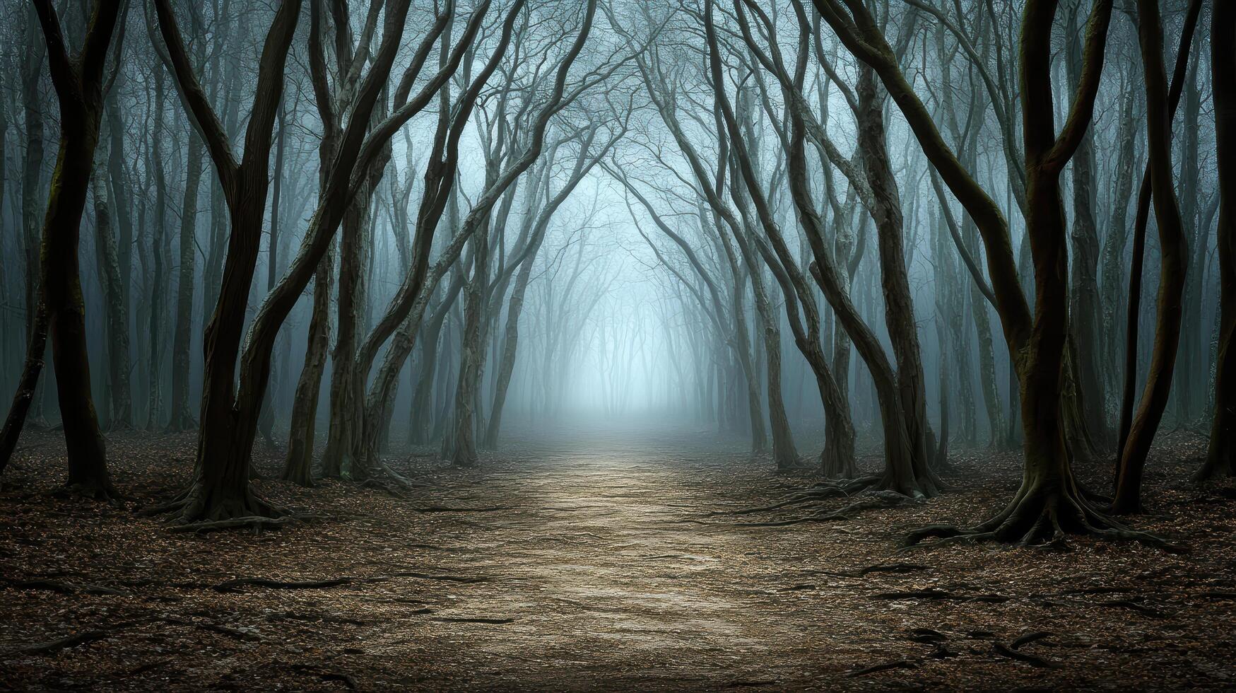 dark forest with twisted trees and mysterious path leading into fog photo