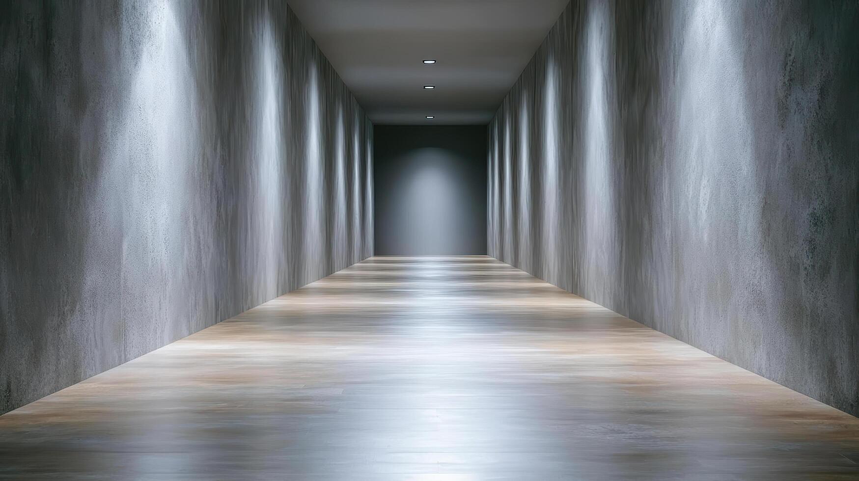 dimly lit corridor with soft lighting and smooth wooden floor photo