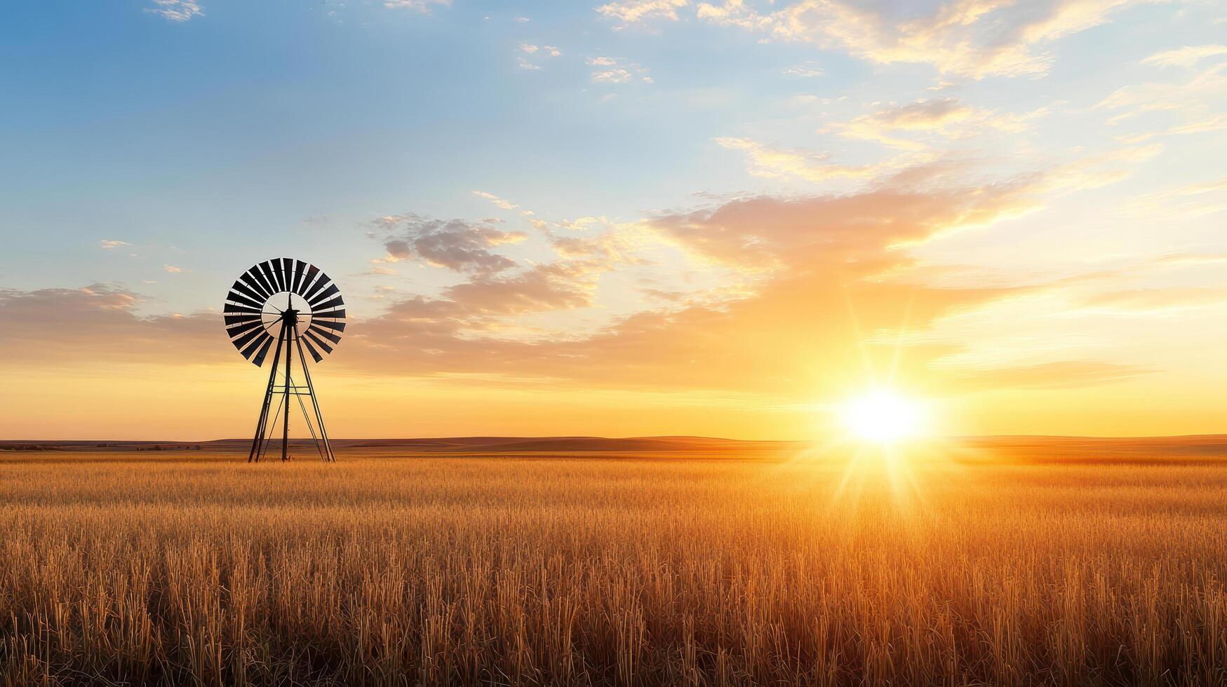 windmill stands in golden field at sunset, creating serene landscape photo