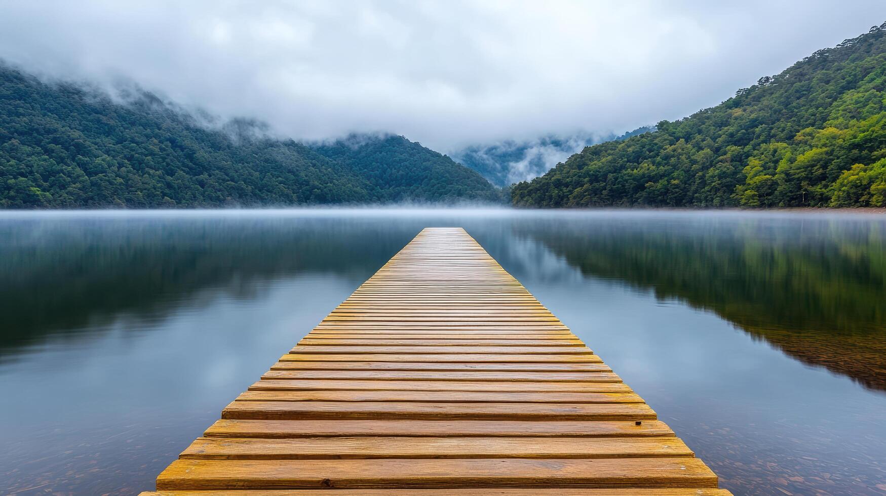 serene wooden pier extends into tranquil lake surrounded by lush mountains photo