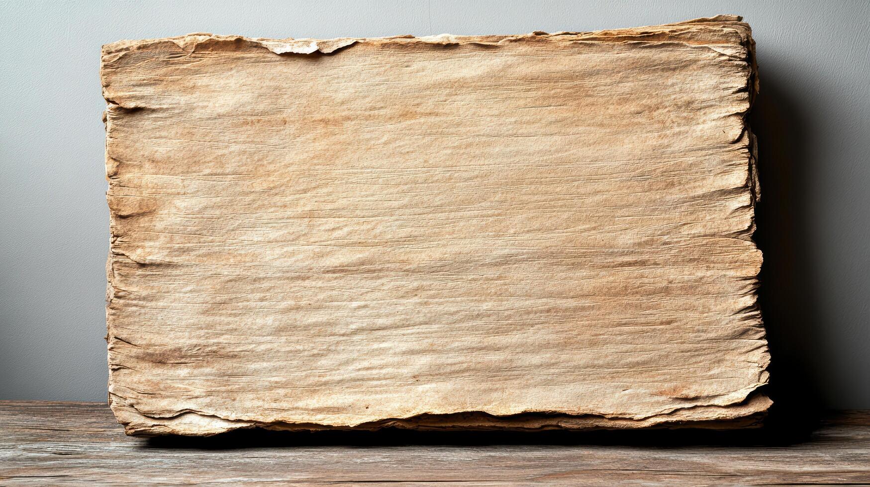 worn, fragile medieval document with textured edges on wooden surface photo