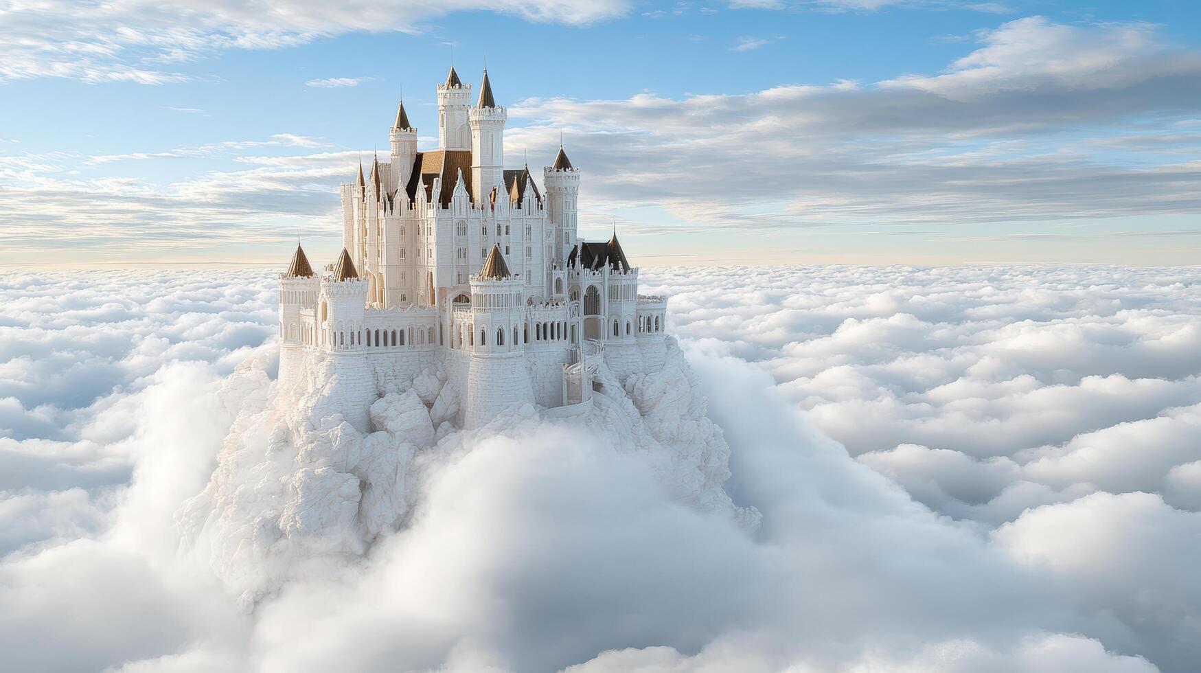 majestic castle floating above clouds, surrounded by serene sky photo