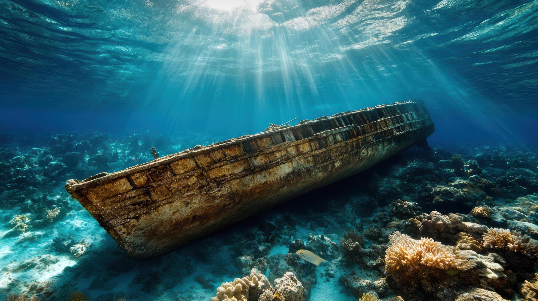 massive ancient shipwreck resting on ocean floor, surrounded by coral photo