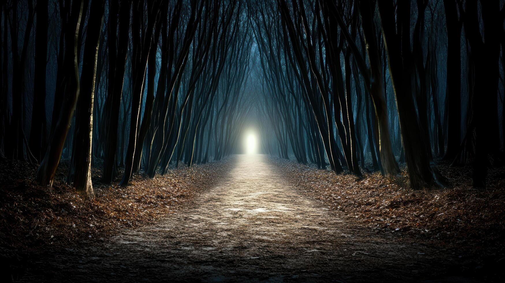 mysterious forest path leads to glowing light, evoking intrigue photo