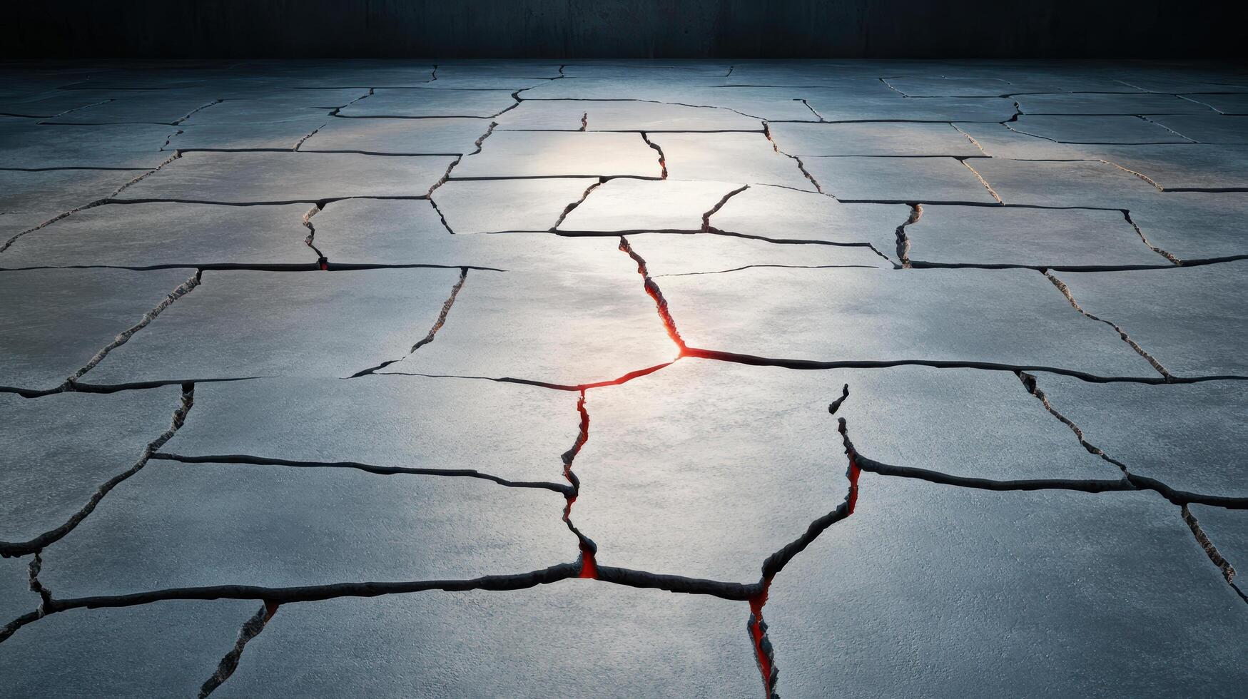 Cracked floor with glowing fissures in dark room, creating dramatic effect photo