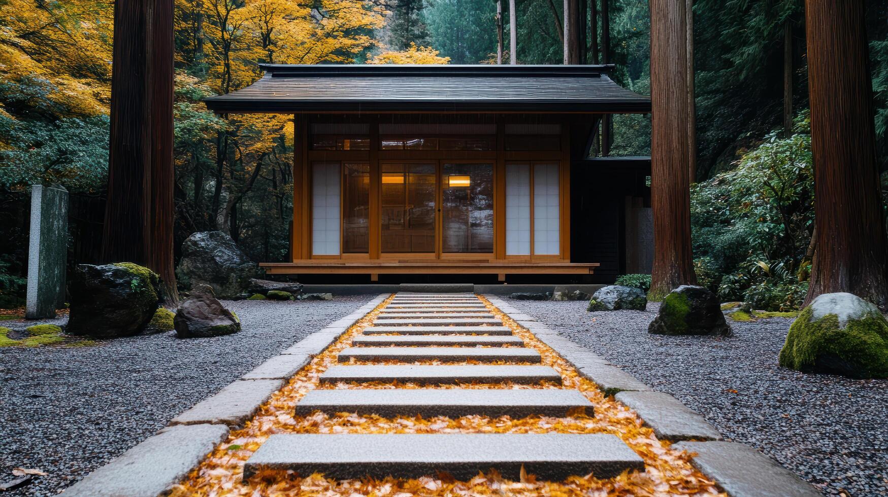 serene small shrine surrounded by vibrant autumn foliage and stone path photo