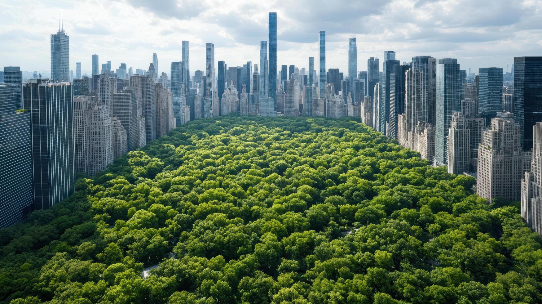 Aerial view of urban park surrounded by skyscrapers, showcasing greenery photo