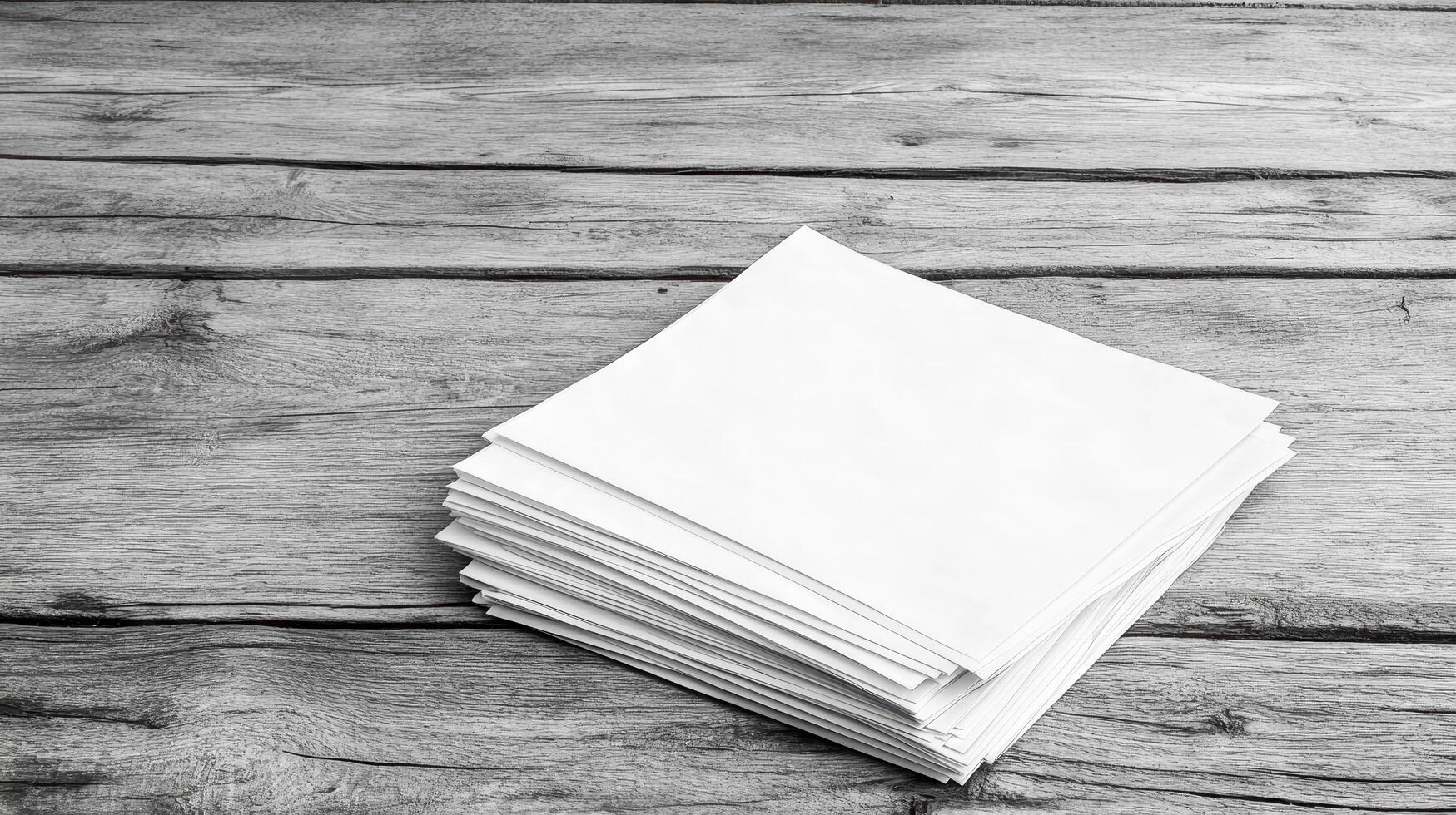 Blank sheets of paper stacked on rustic wooden table, ready for use photo
