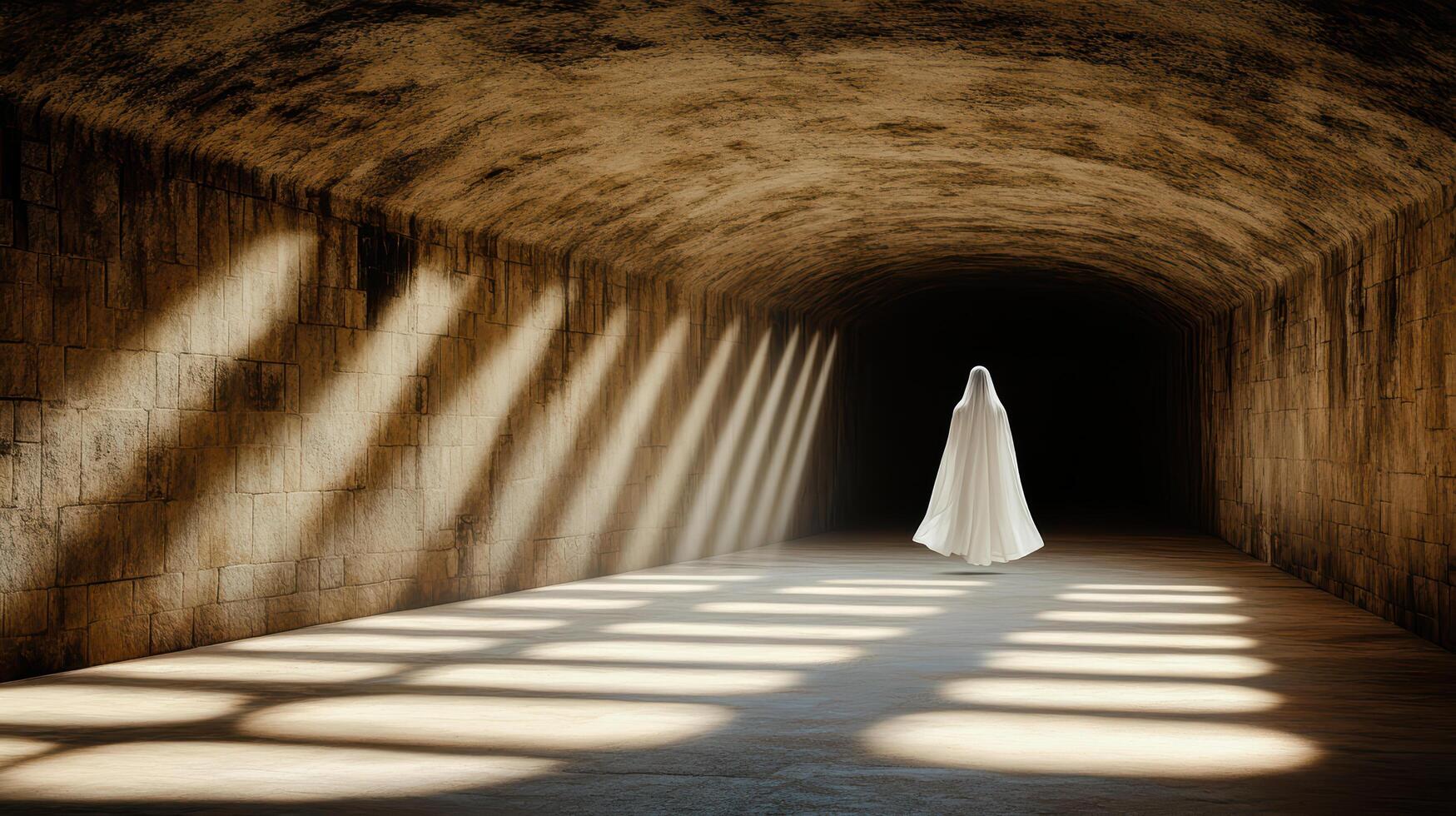 white flowing figure drifts through dimly lit stone tunnel, evoking mystery photo