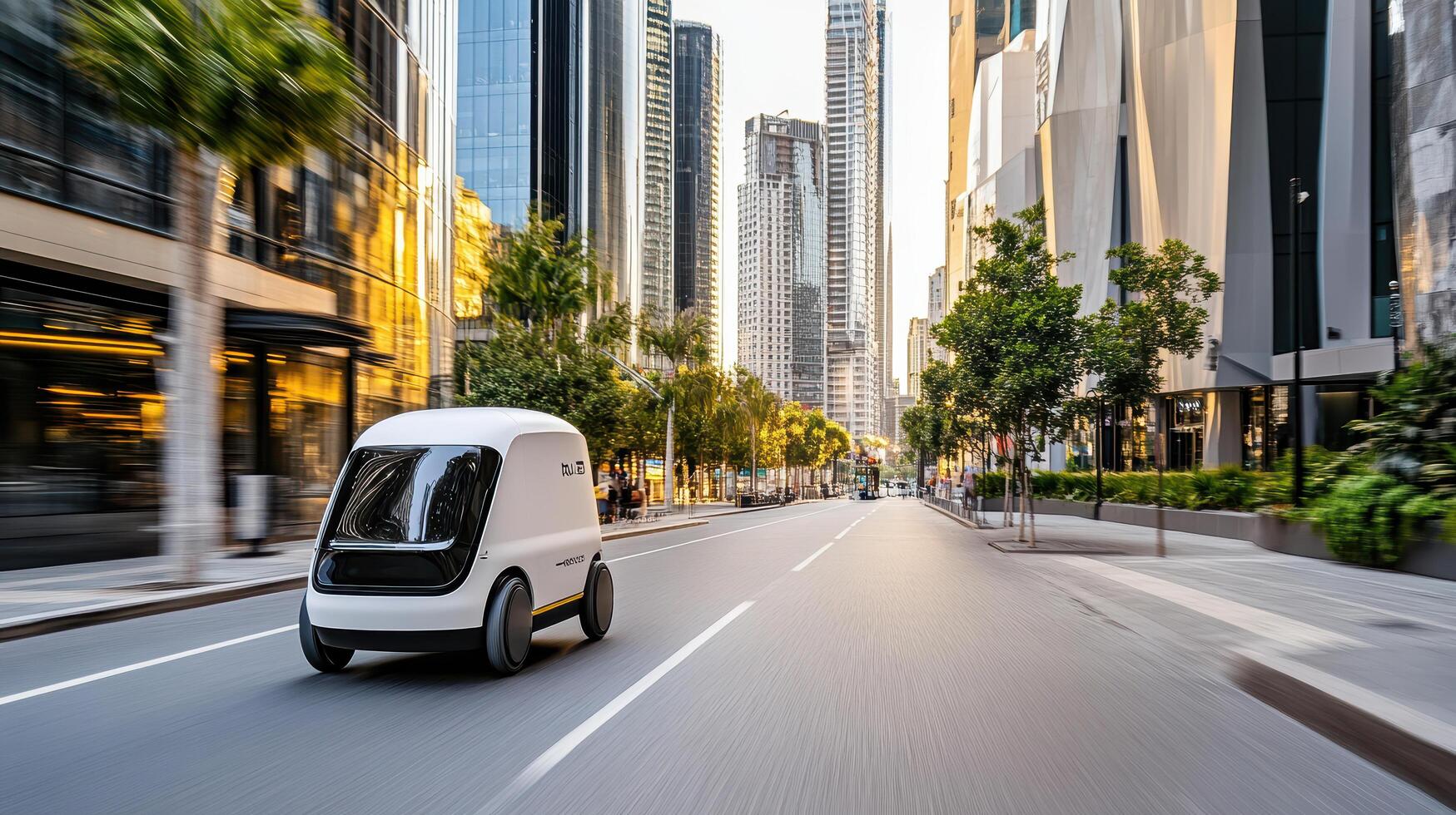 Autonomous delivery robot navigating modern city street with skyscrapers photo