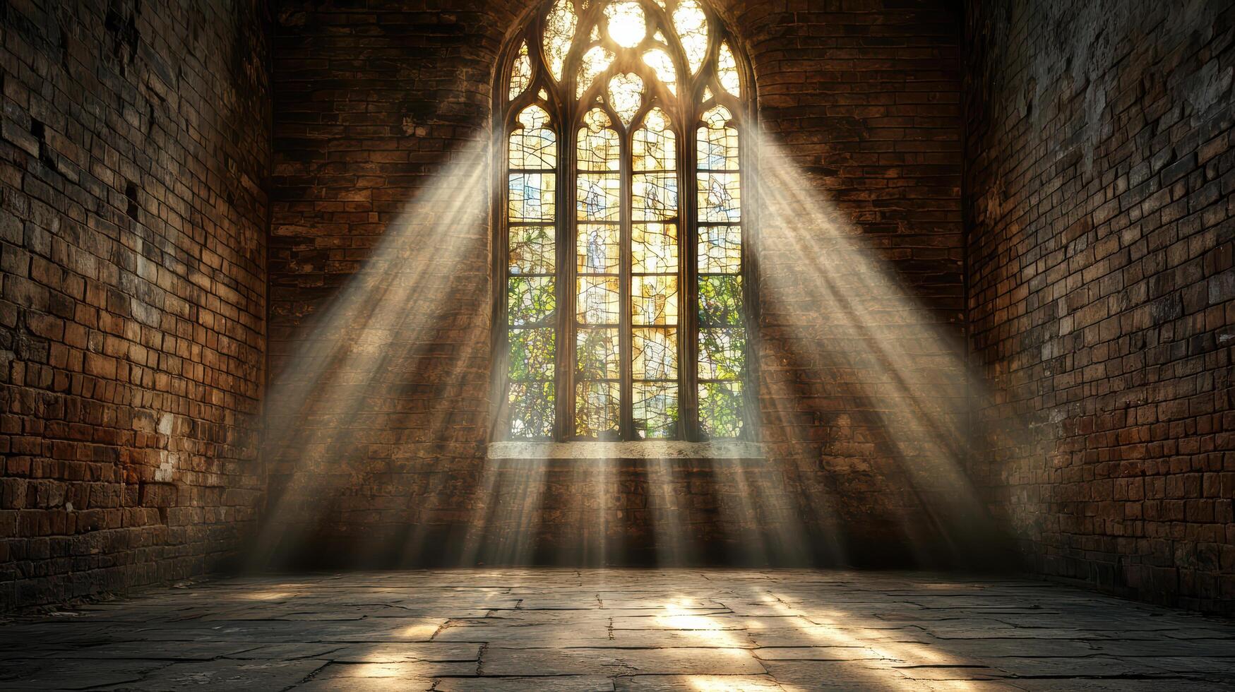 serene interior with sunlight streaming through stained glass window photo