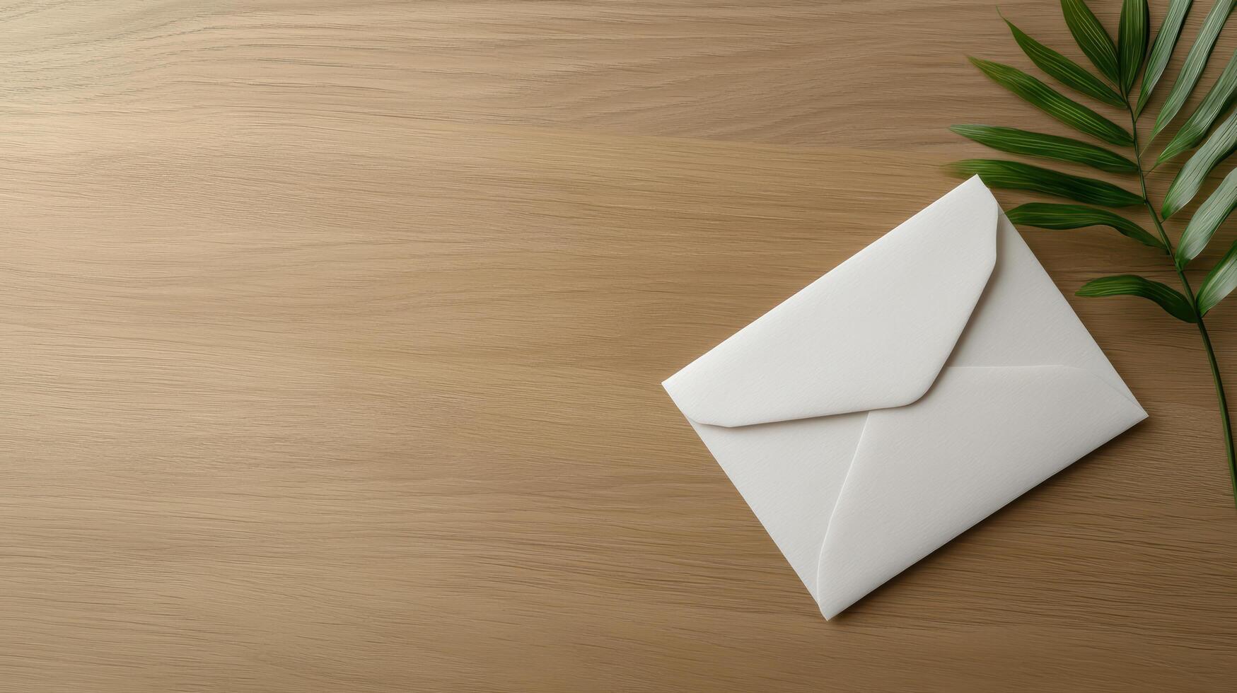 closed envelope resting on desk with green leaf nearby, symbolizing communication photo