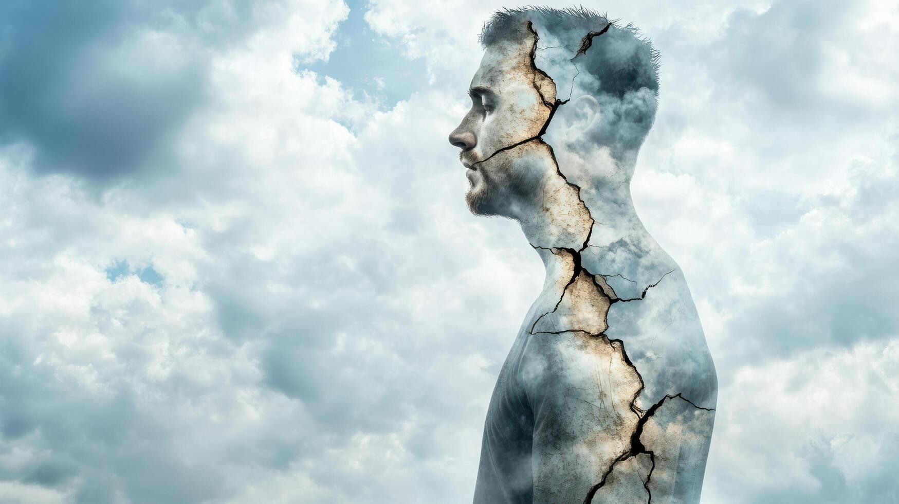 man with cracked surface, blending with cloudy sky, symbolizes inner turmoil photo