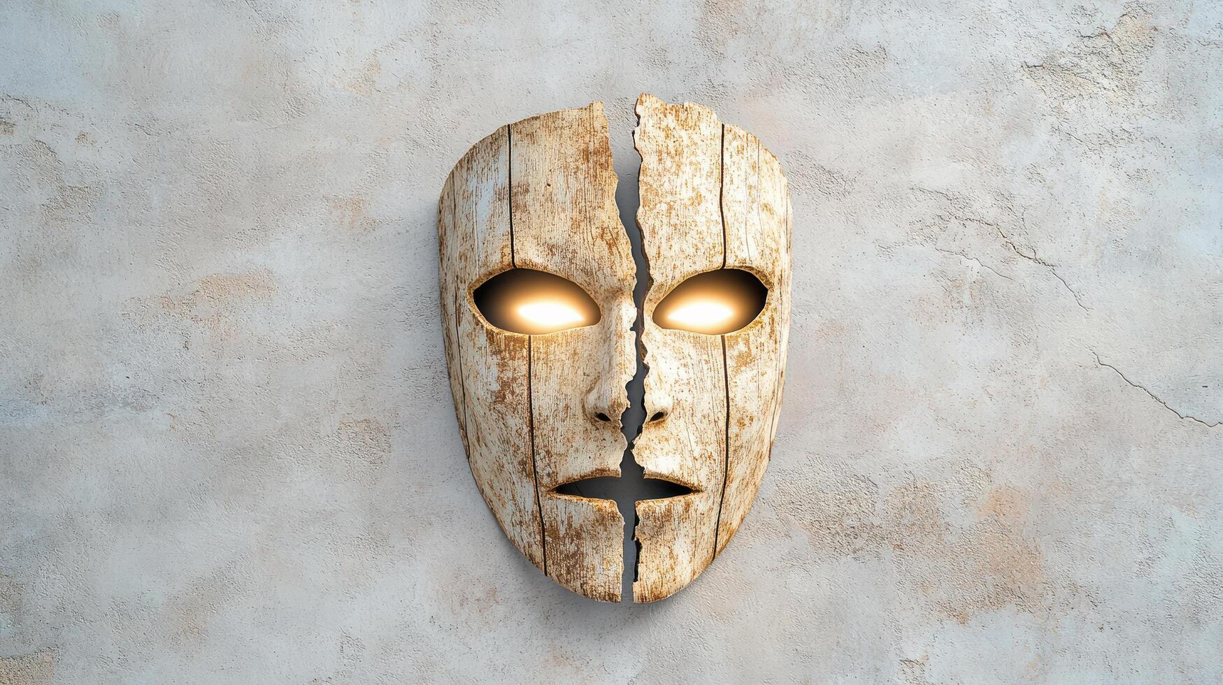 Cursed mask split into pieces with faintly glowing eyes on wall photo