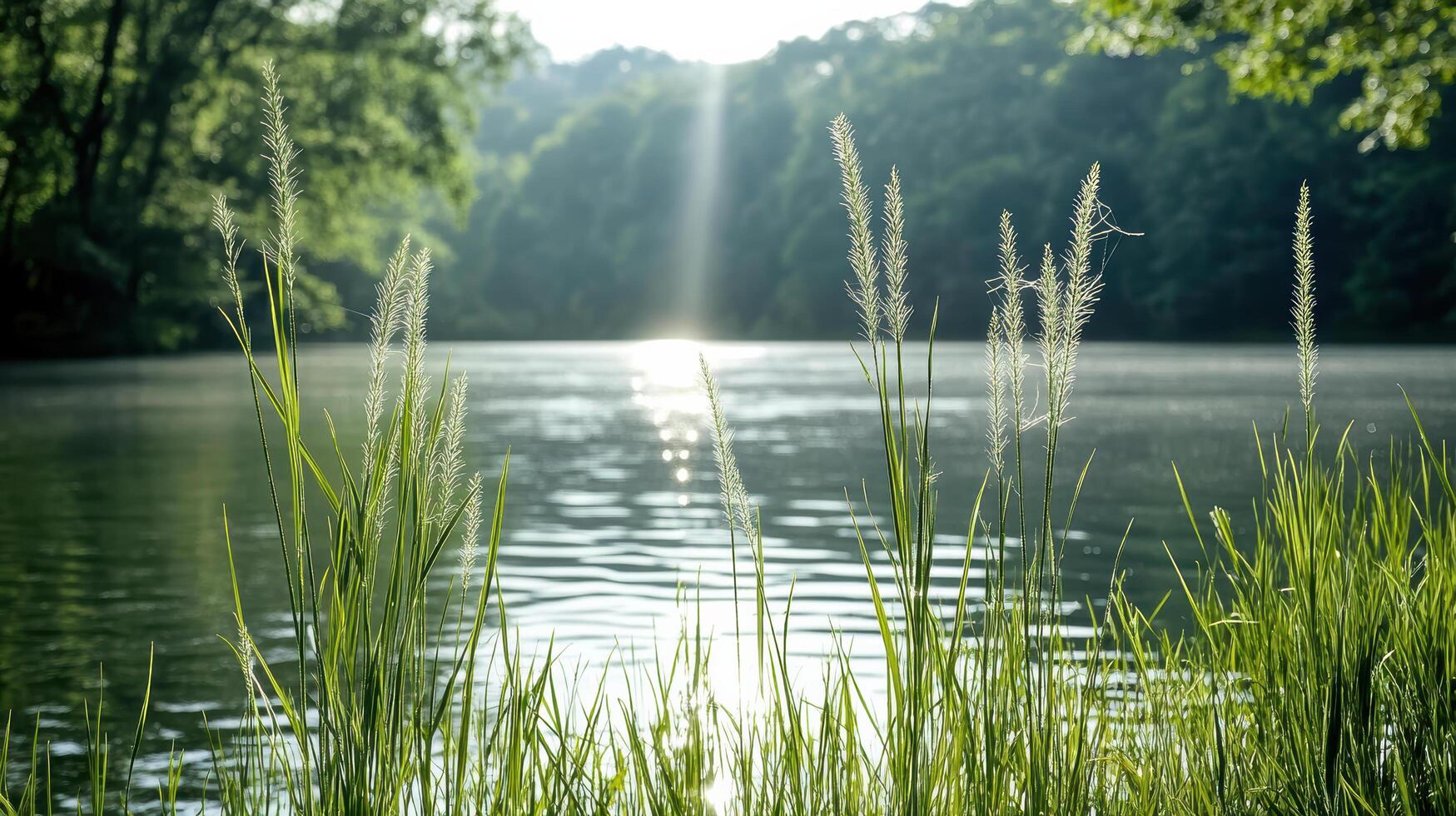 tranquil lakeside scene with tall grass swaying gently in breeze photo