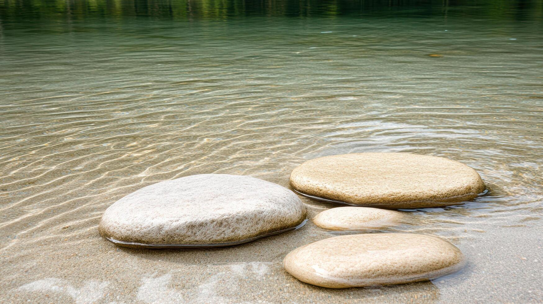 Smooth stones on tranquil riverbank with gentle ripples photo