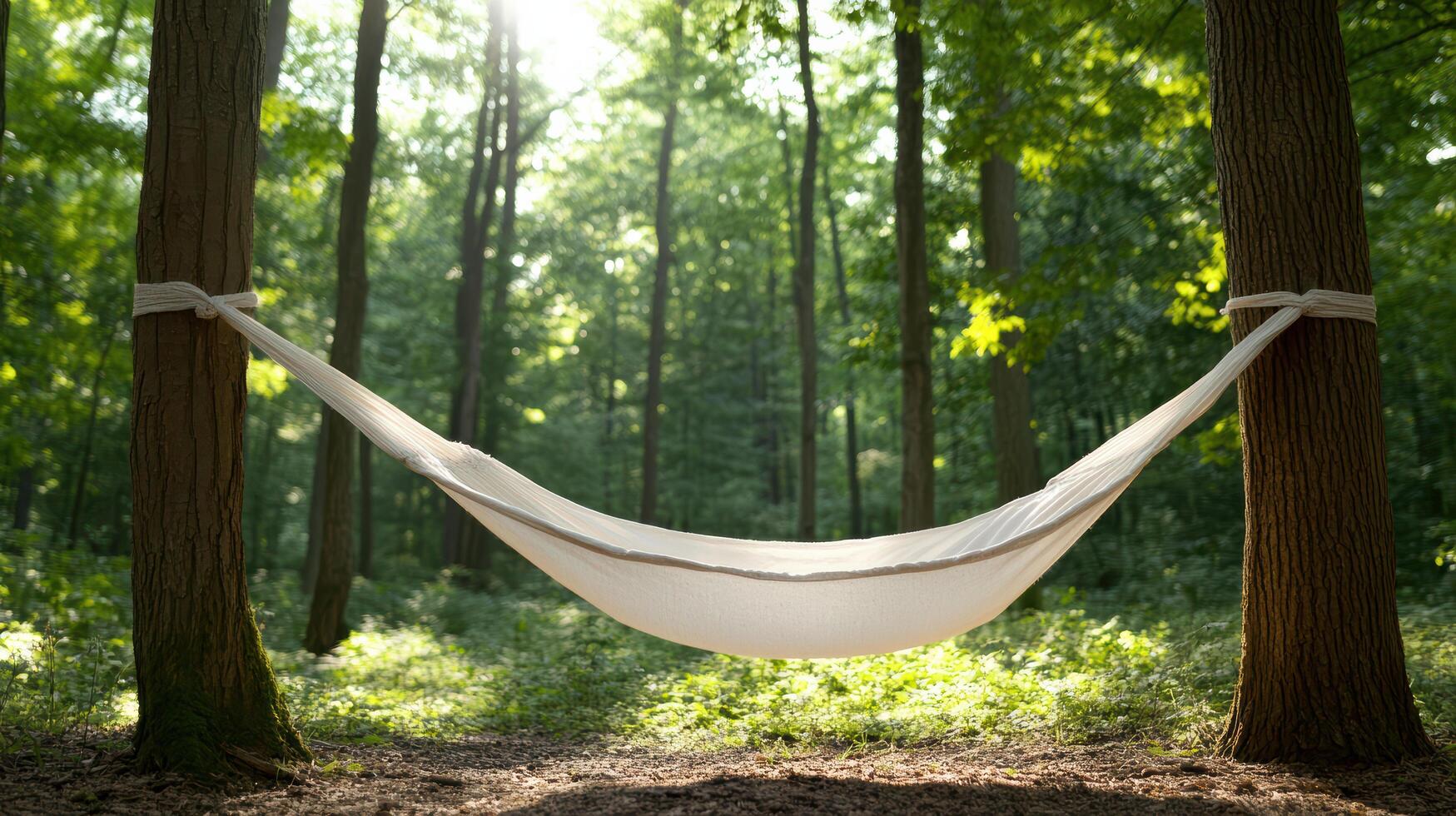 serene forest scene with hammock tied between trees, inviting relaxation photo