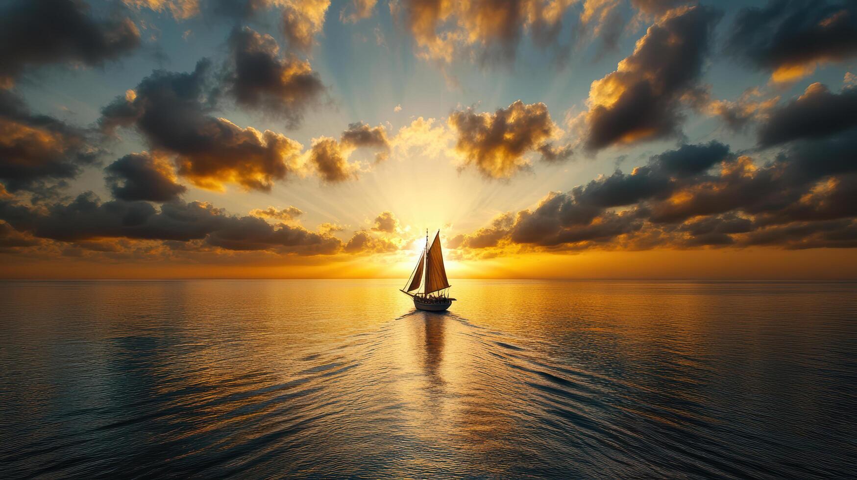 Sailing ship gliding into sunset, surrounded by tranquil waters and clouds photo