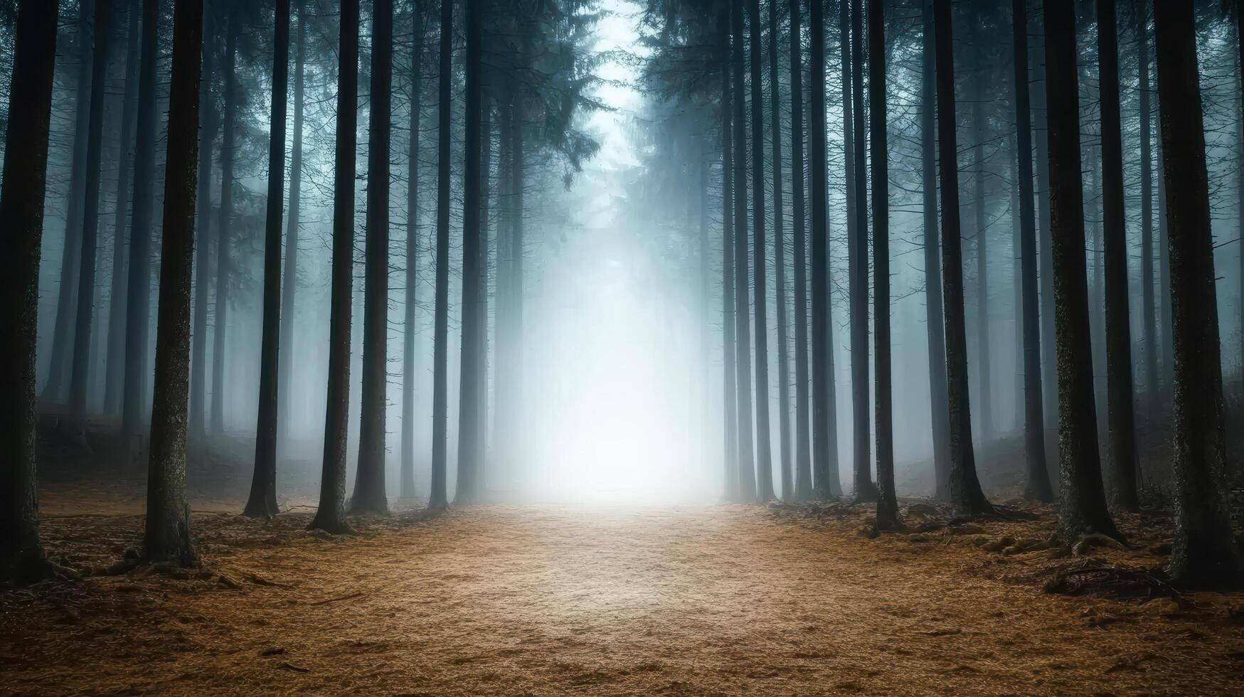 dense foggy forest with tall trees and mysterious light ahead photo