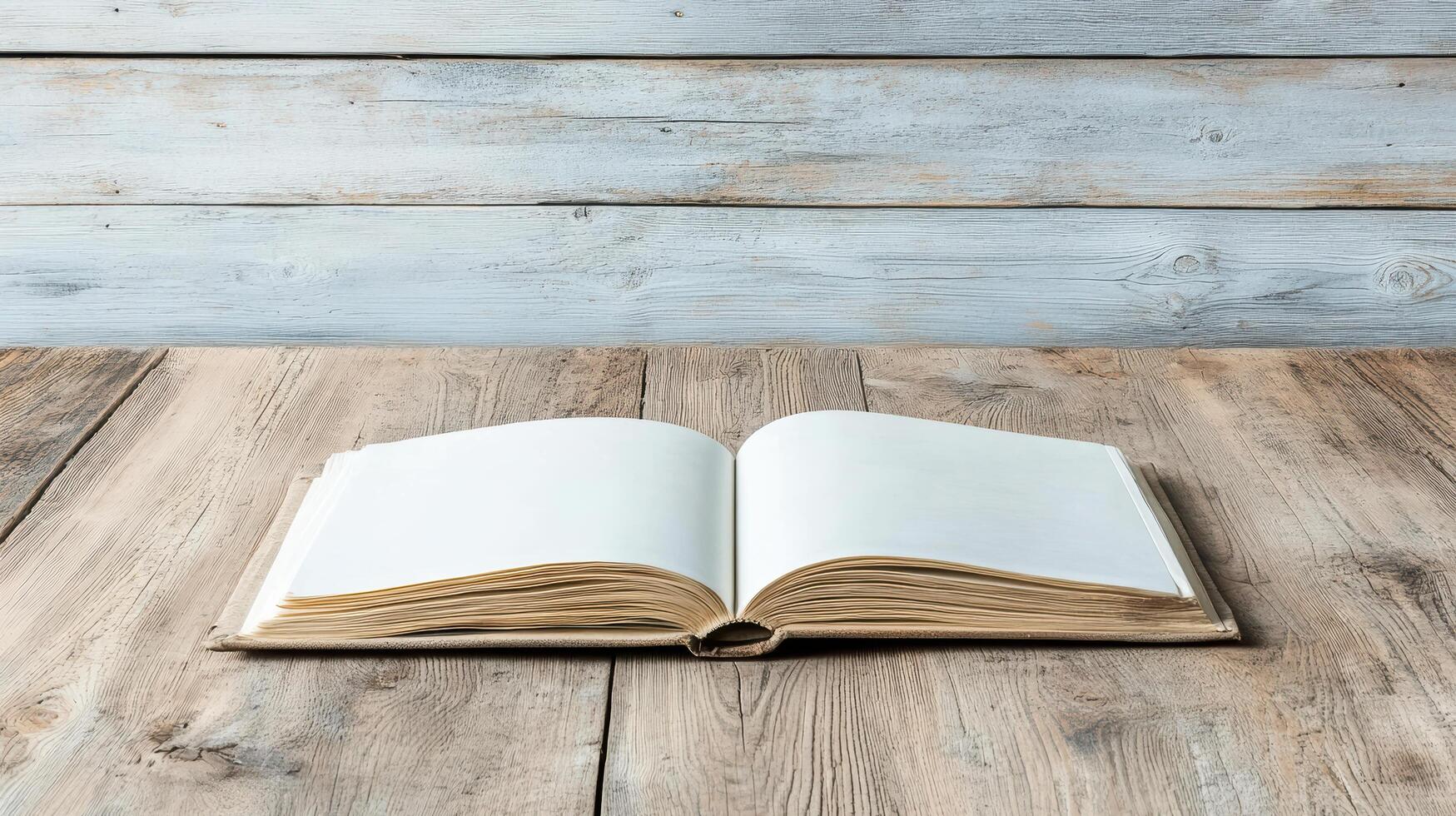 open antique journal rests on rustic wooden table, inviting creativity photo